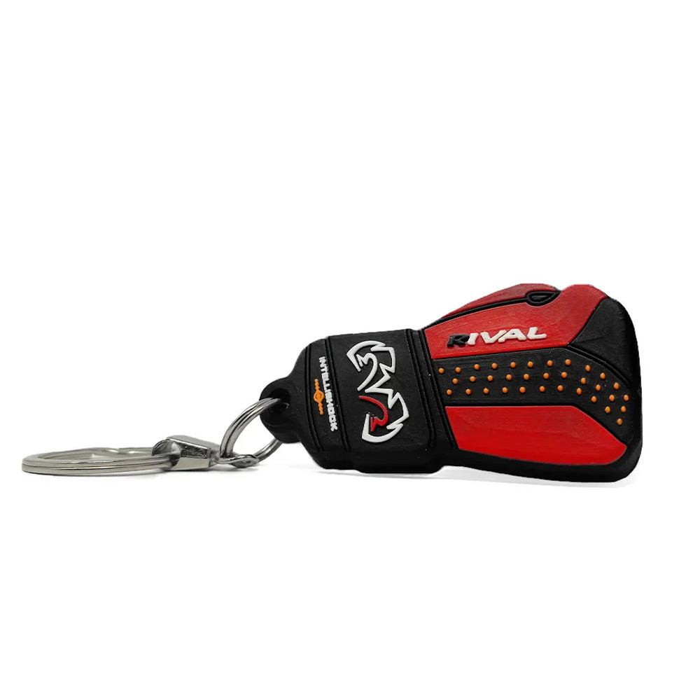 Black and red keychain resembling a boxing glove with 'Rival' branding on a white background
