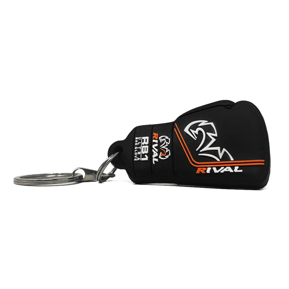 Black boxing glove keychain with 'Rival' branding on a white background