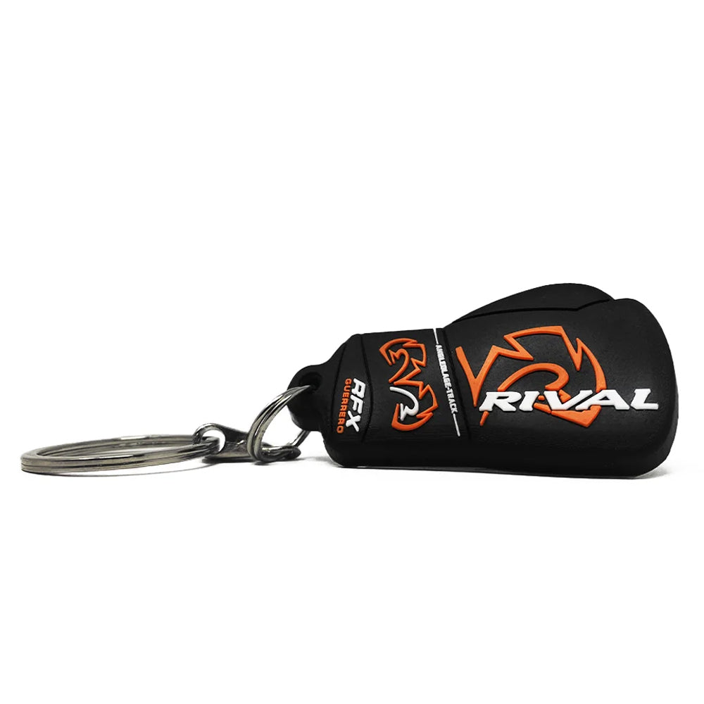 Black keychain in the shape of a boxing glove with 'Rival' branding on a white background