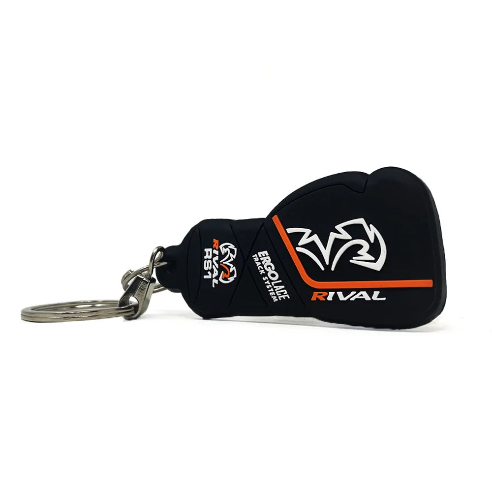 Black boxing glove keychain with Rival logo on a white background