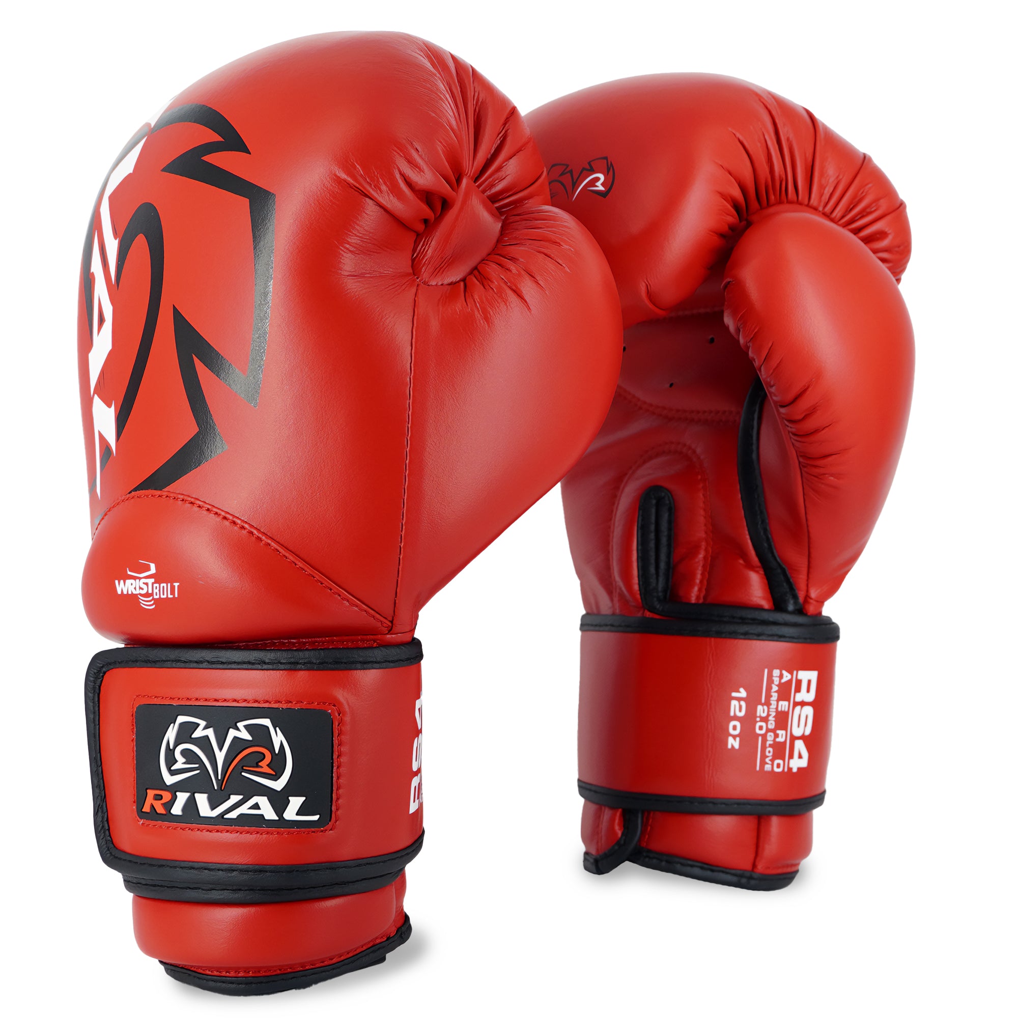 Red boxing gloves with black accents on a white background