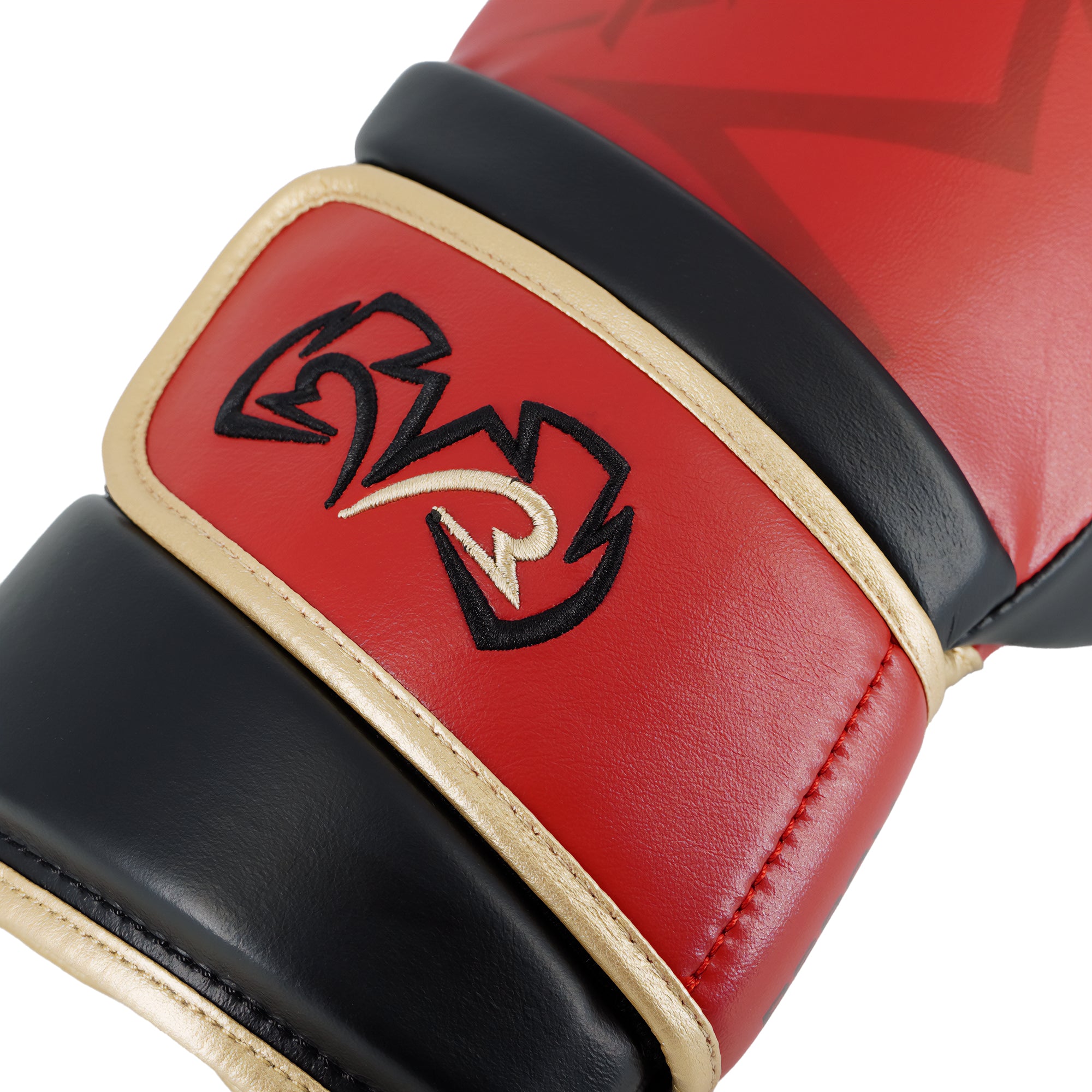Red and black boxing glove with a logo on a white background