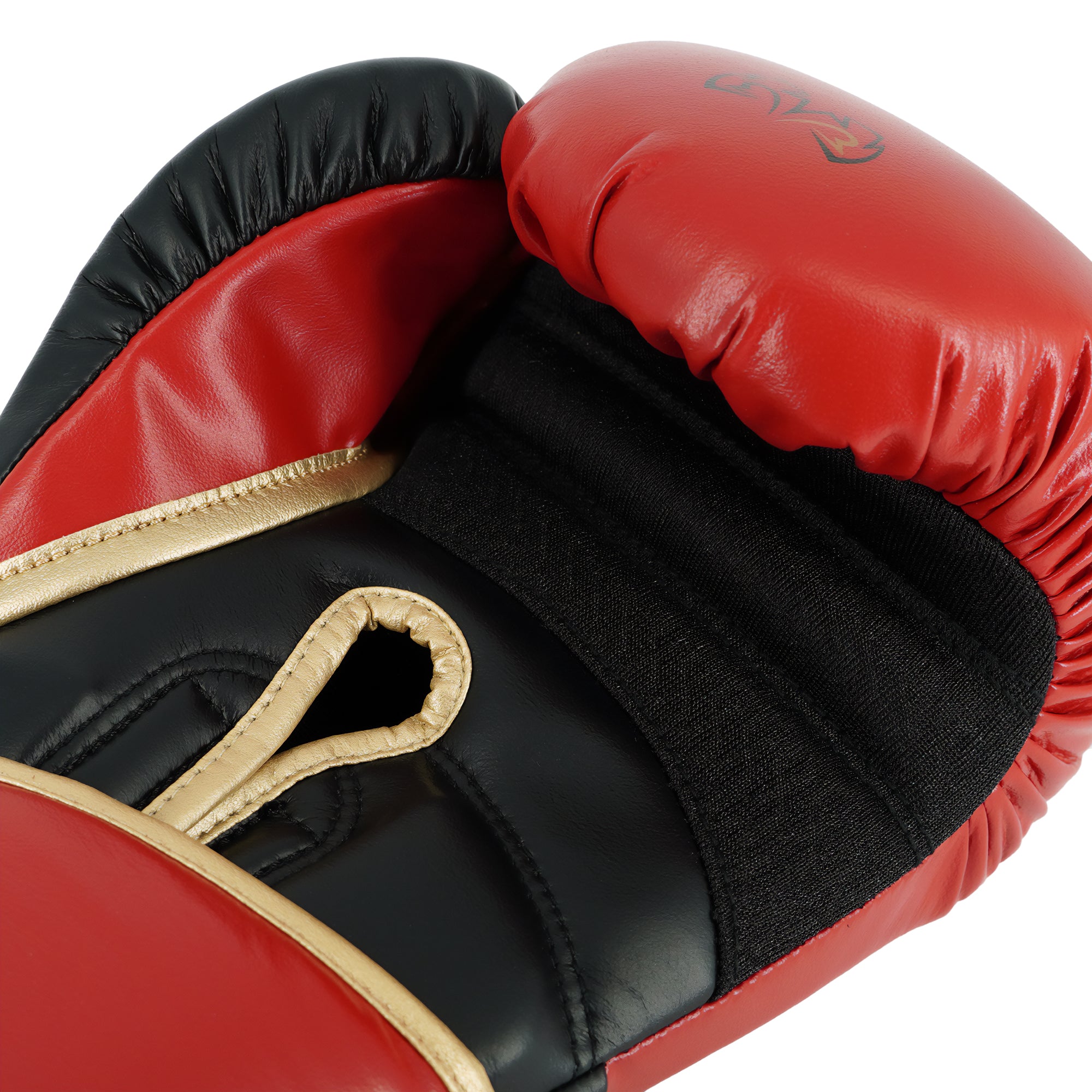 Close-up of red and black boxing gloves with a brand logo on a white background