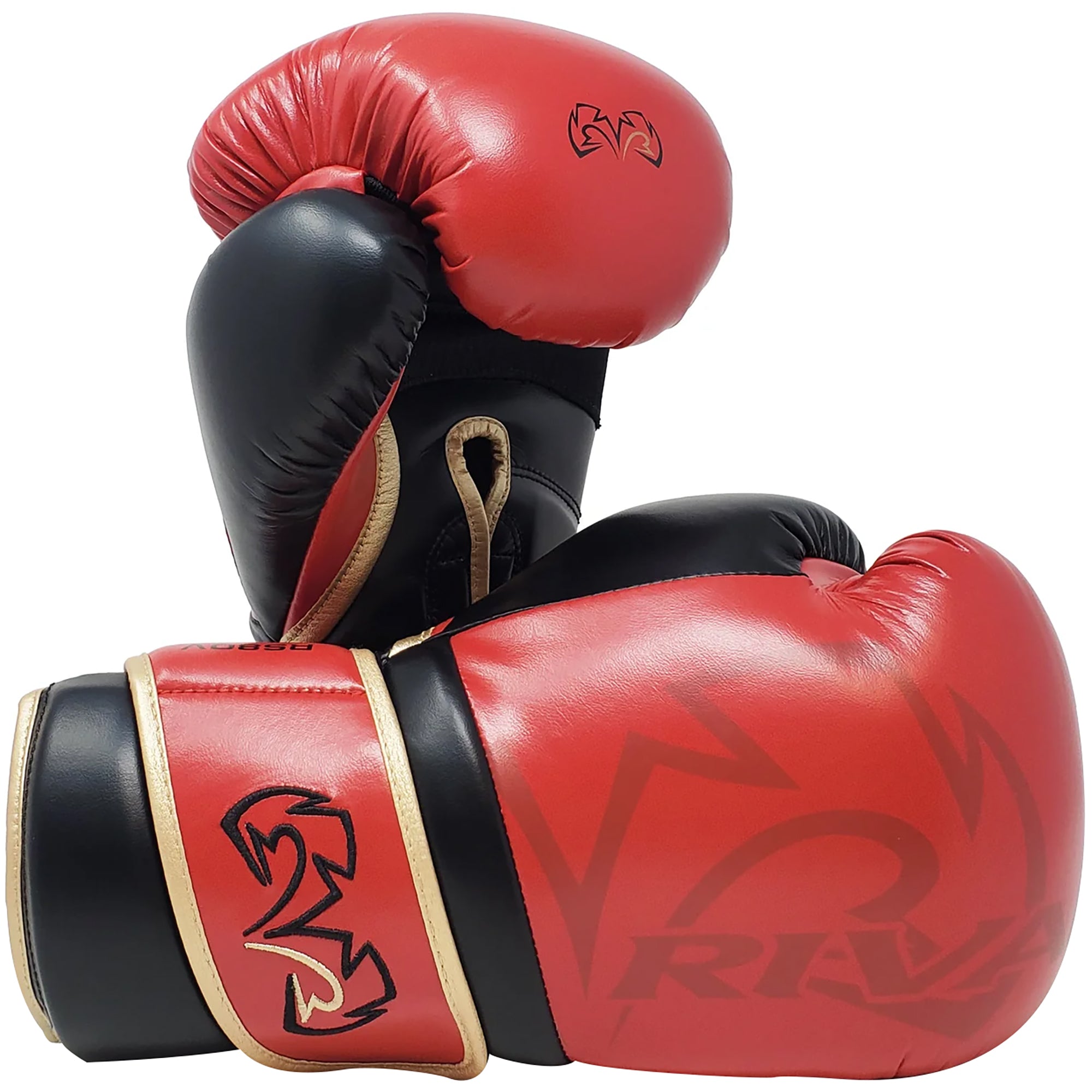 Red and black boxing gloves with a brand logo on a white background