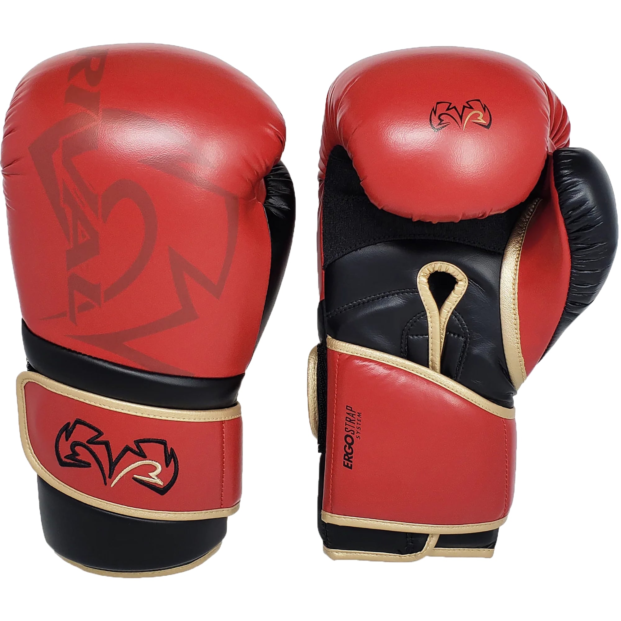 Red and black boxing gloves with a brand logo on a white background