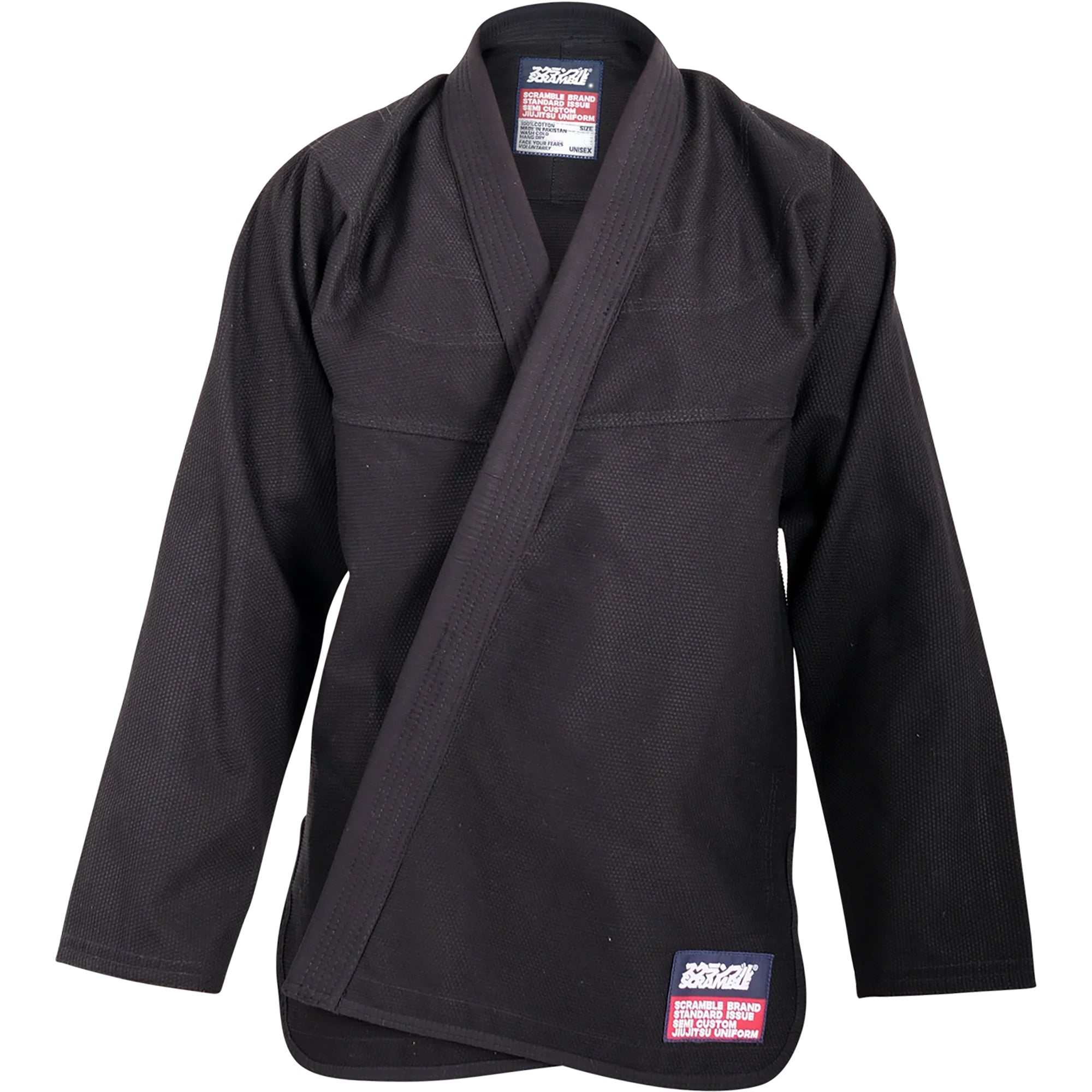 Black martial arts gi with brand logos on a white background