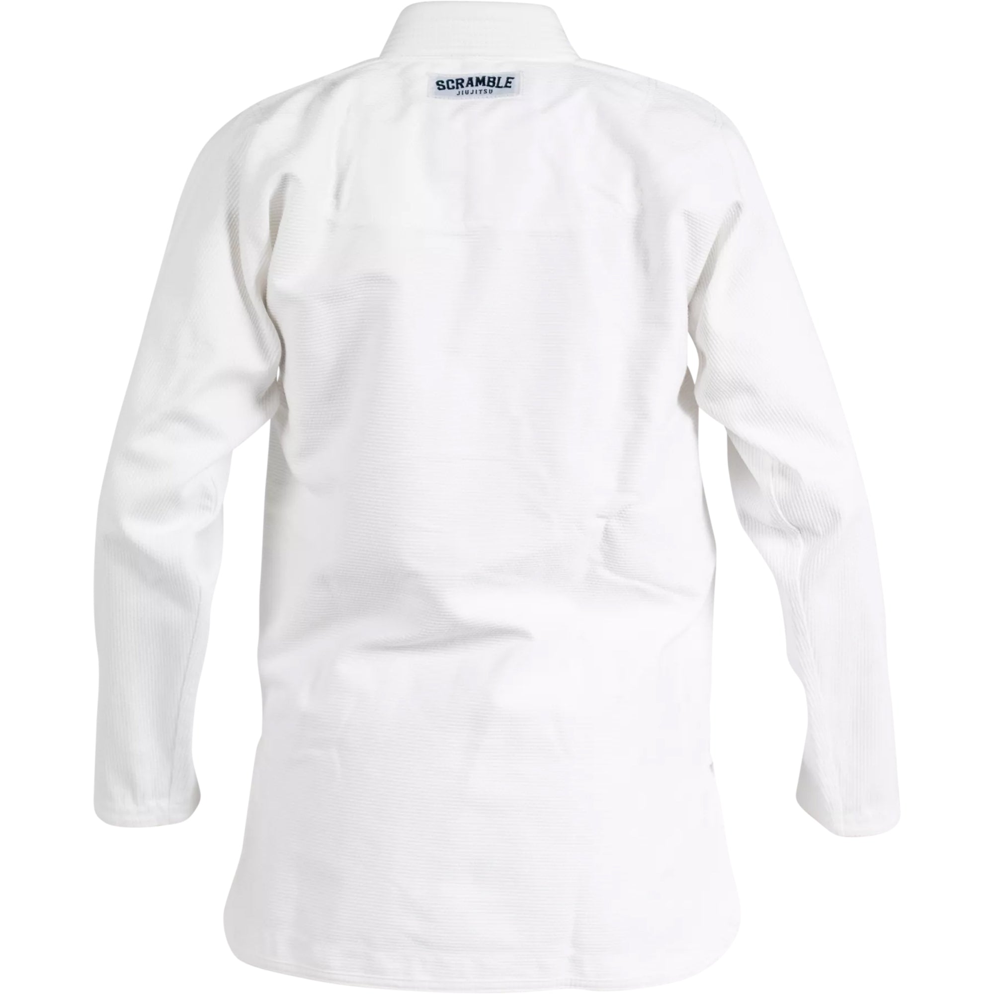White long-sleeve shirt with Scramble branding on a white background