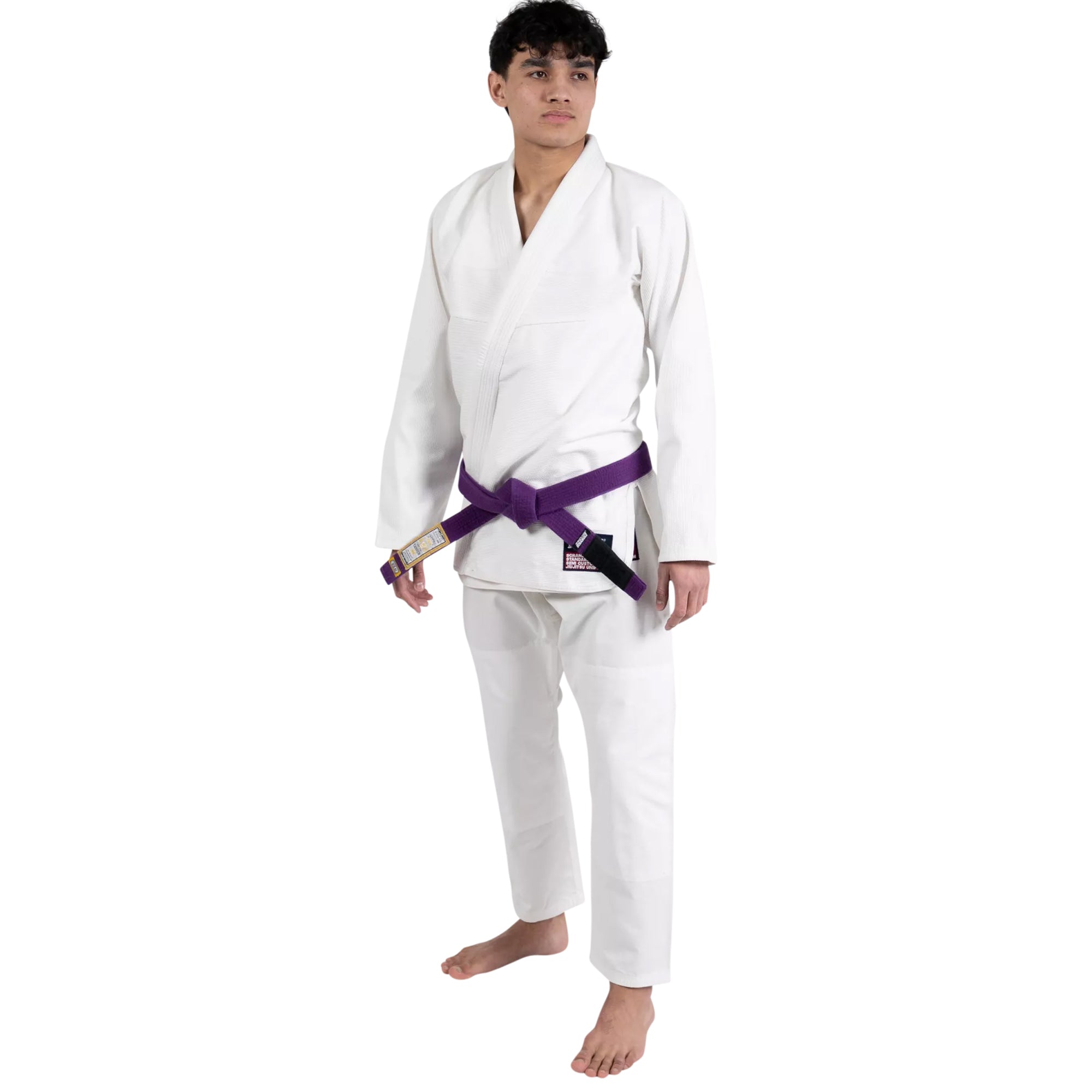 Person wearing a white martial arts uniform with a purple belt on a white background