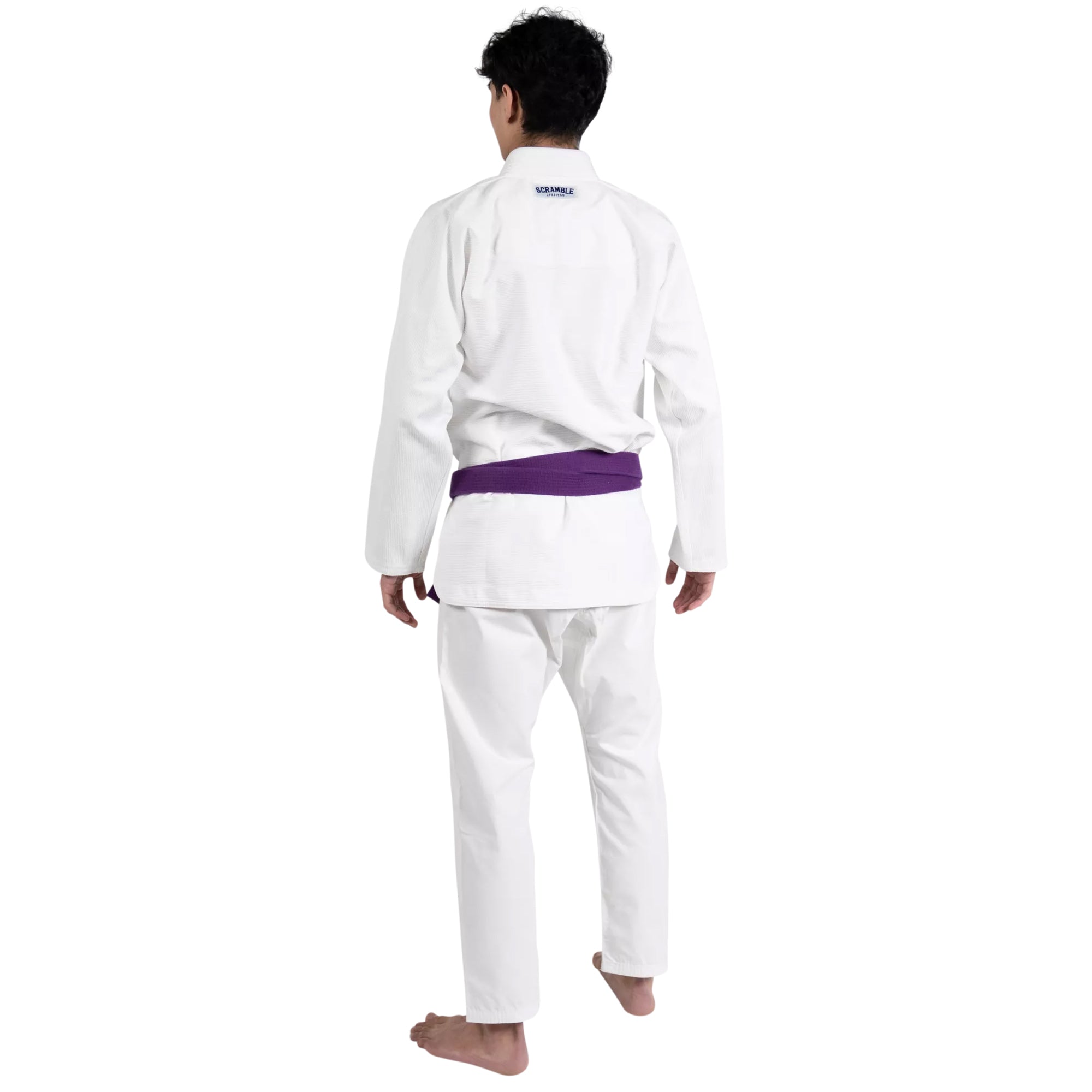Person wearing a white martial arts uniform with a purple belt on a white background