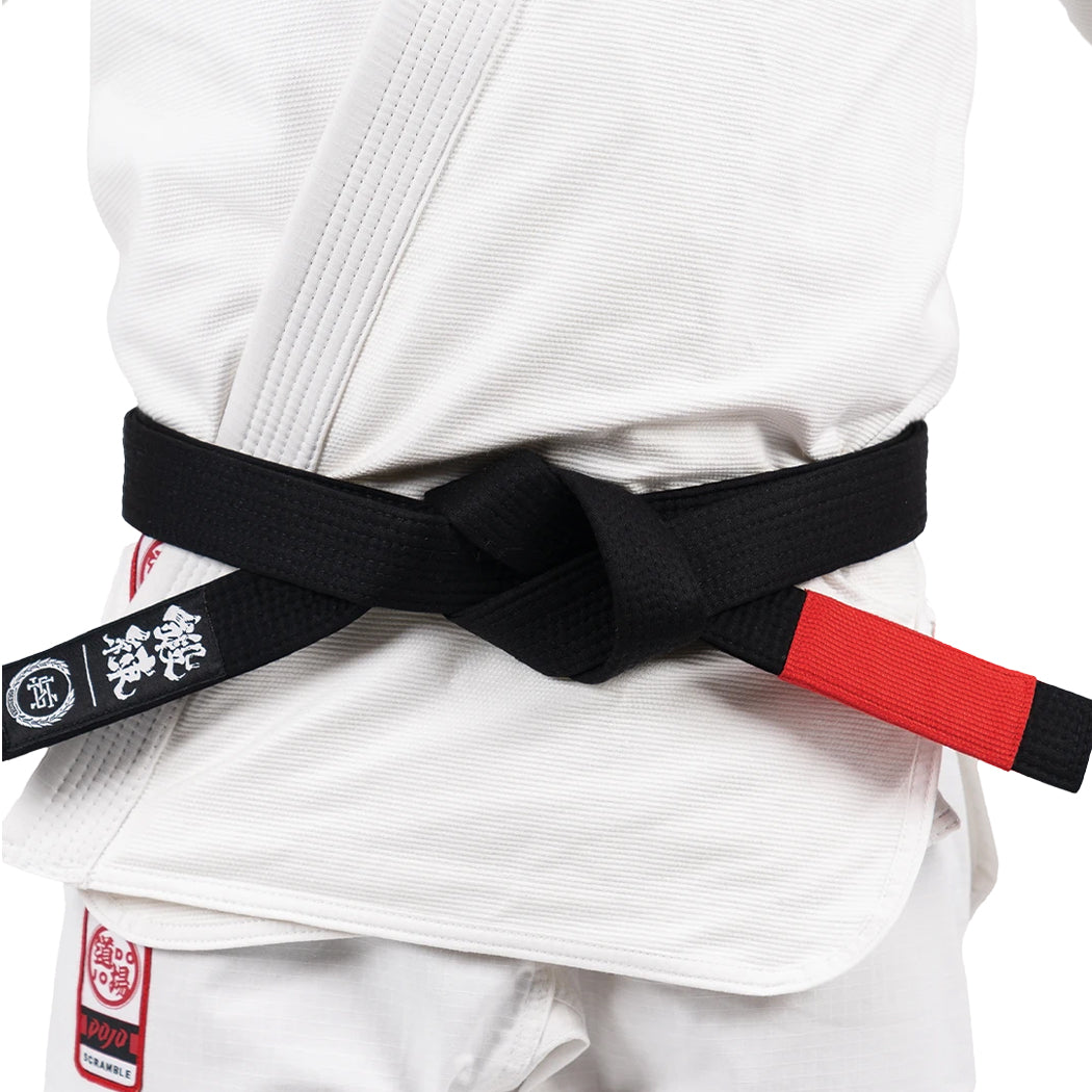 Person wearing a white martial arts uniform with a black and red belt.