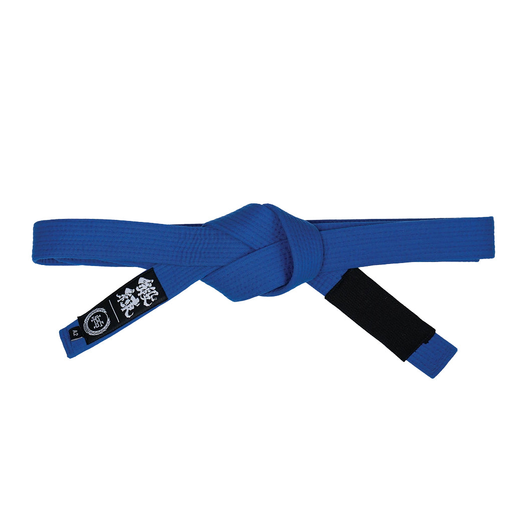 Blue martial arts belt with a black patch on a white background