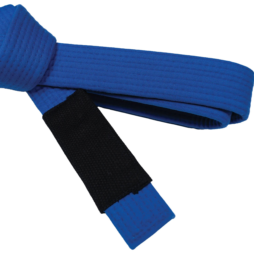 Blue belt with a black buckle on a white background