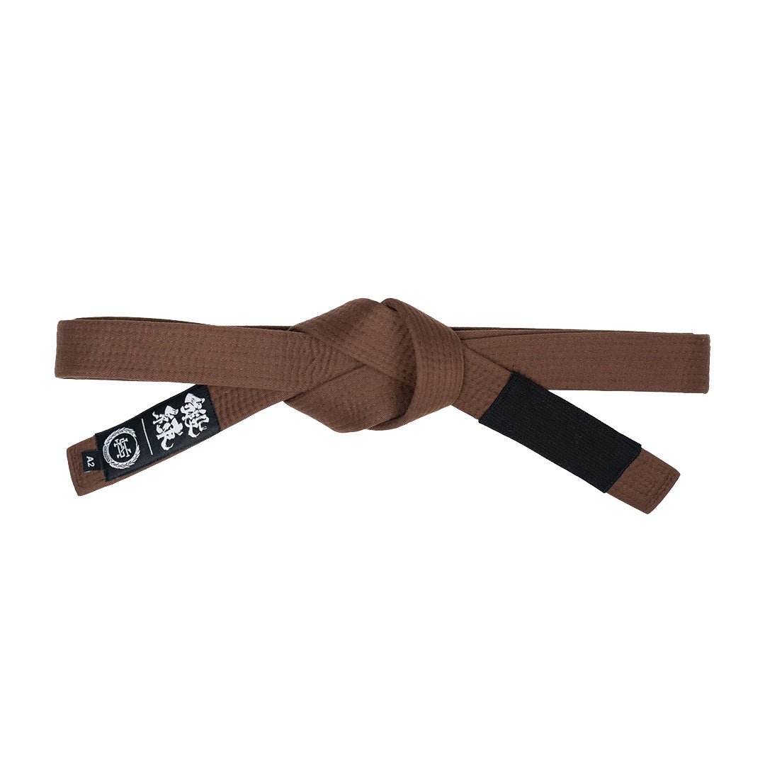 Brown martial arts belt with black belt on a white background