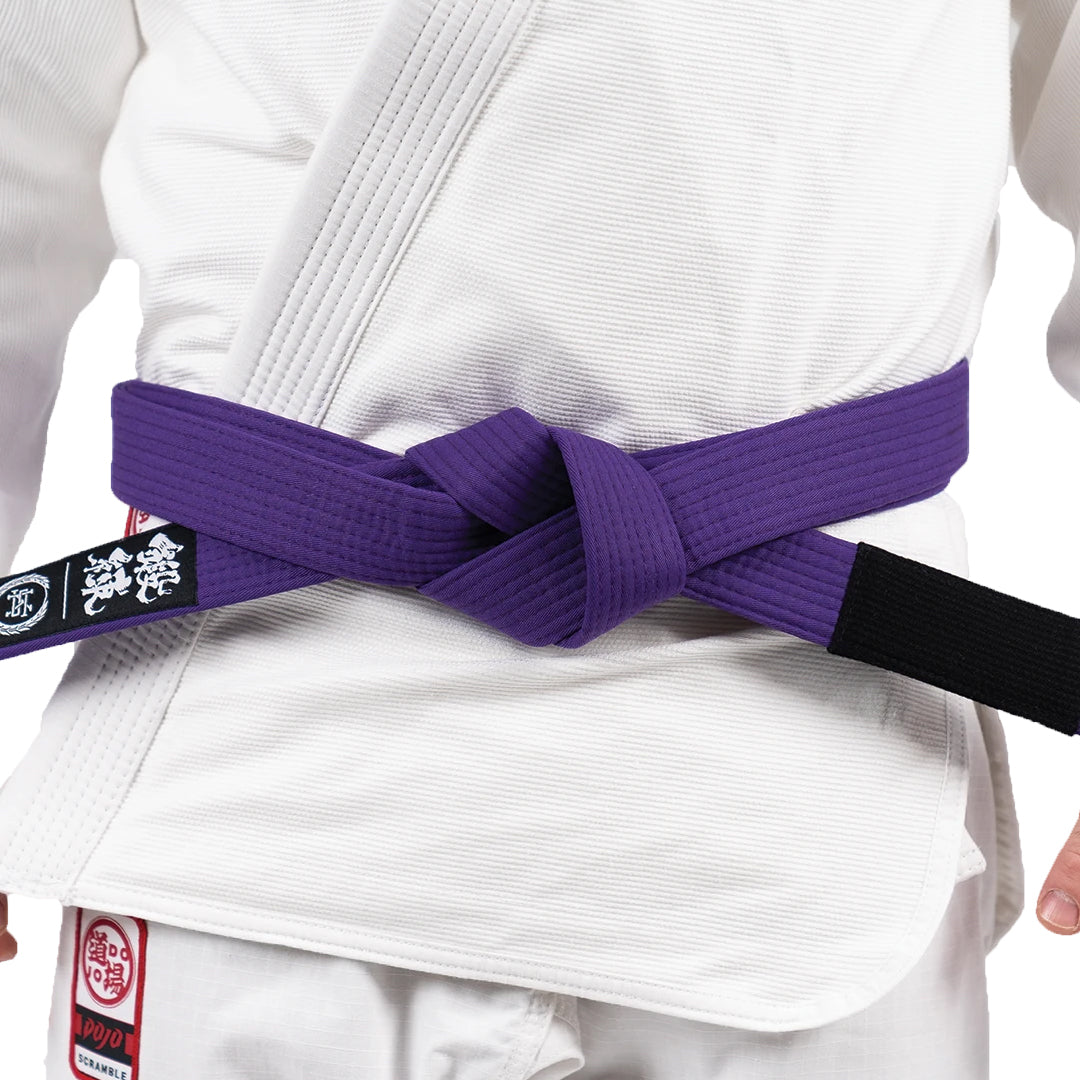 Person wearing a white martial arts uniform with a purple belt