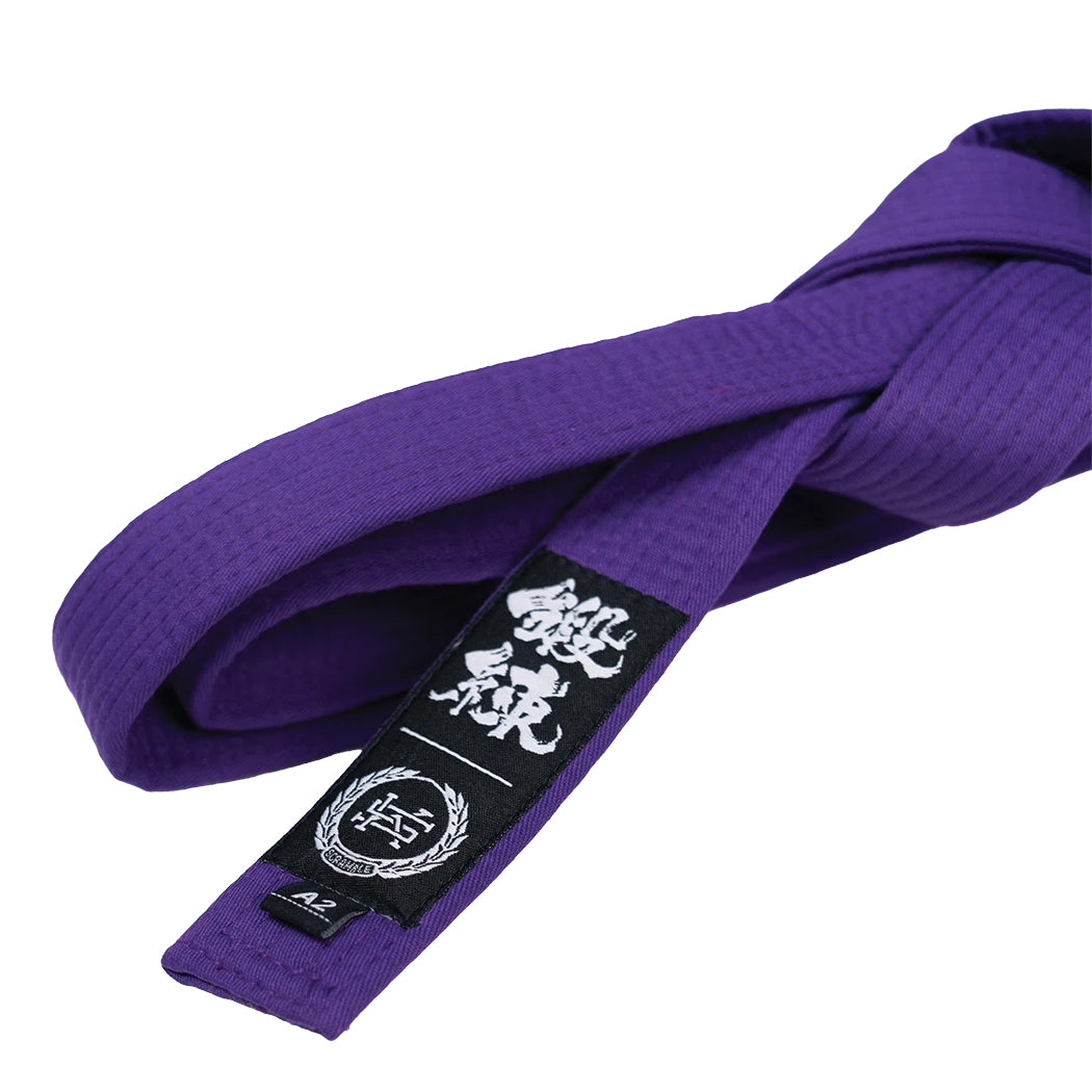 Purple martial arts belt with a black belt patch on a white background