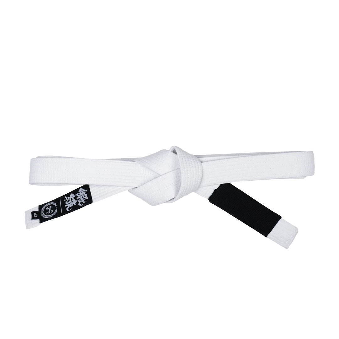 White martial arts belt with black belt on a white background