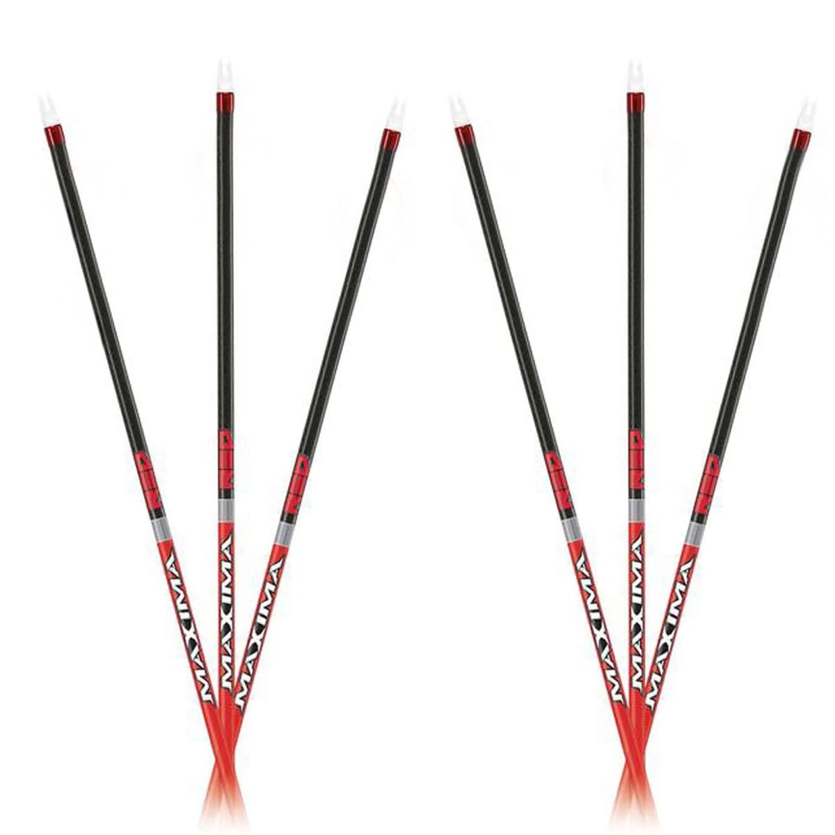 Set of six Maxima red shafts archery arrows on a white background