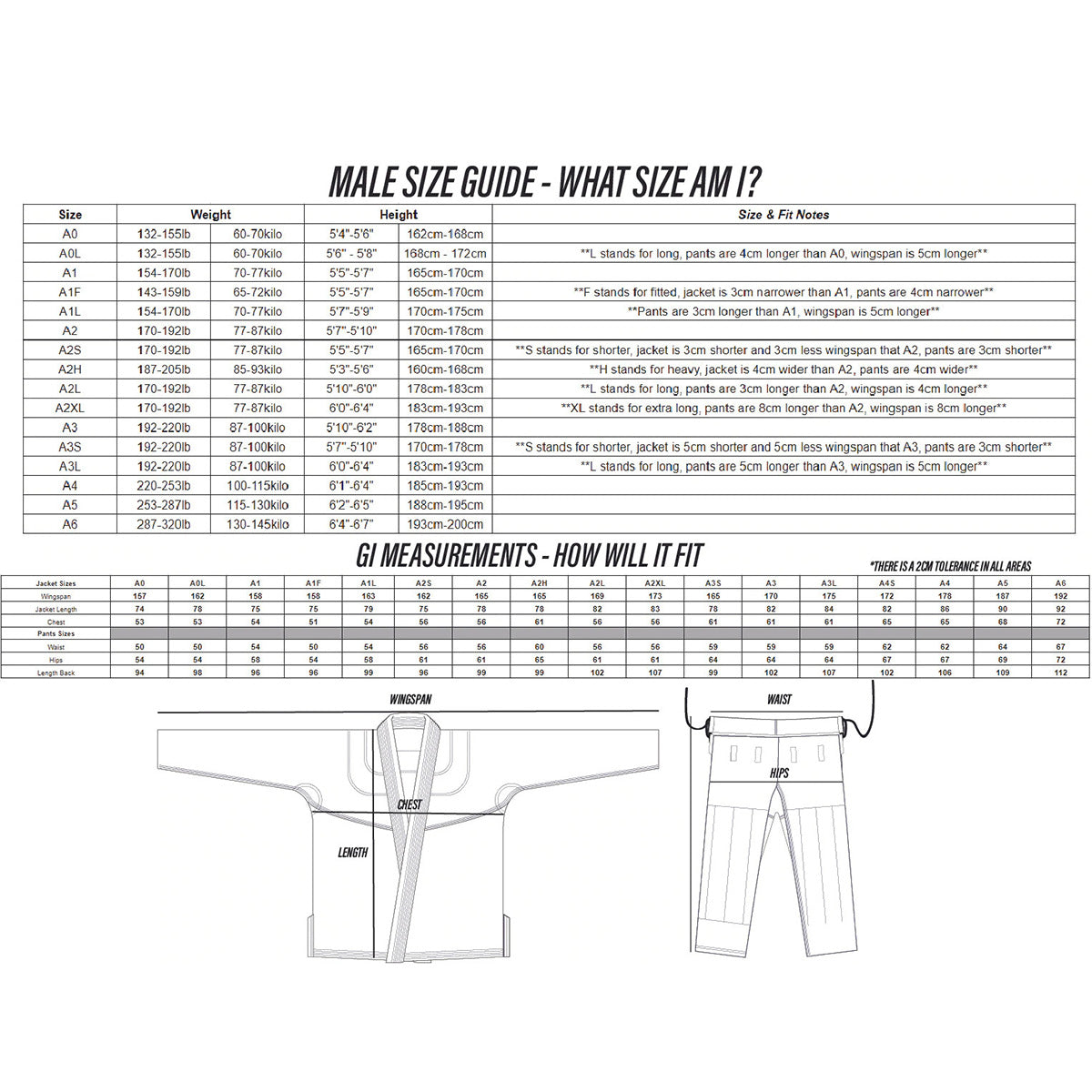 Size guide for men's athletic wear with measurements and fitting information.