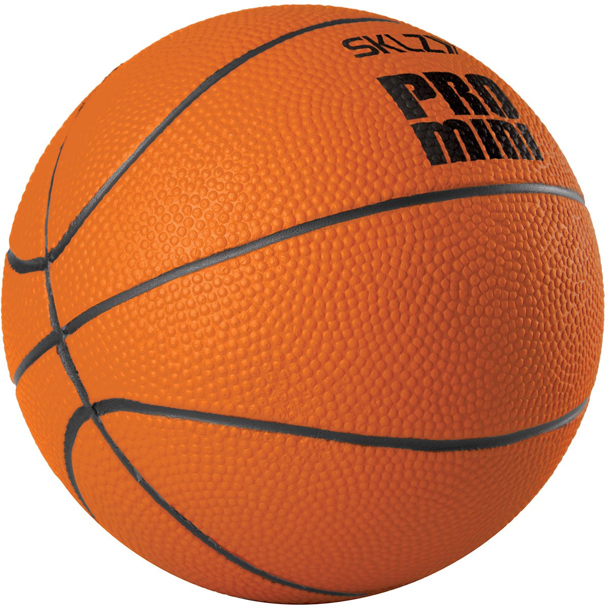 Orange mini hoop foam basketball with black text on a white background