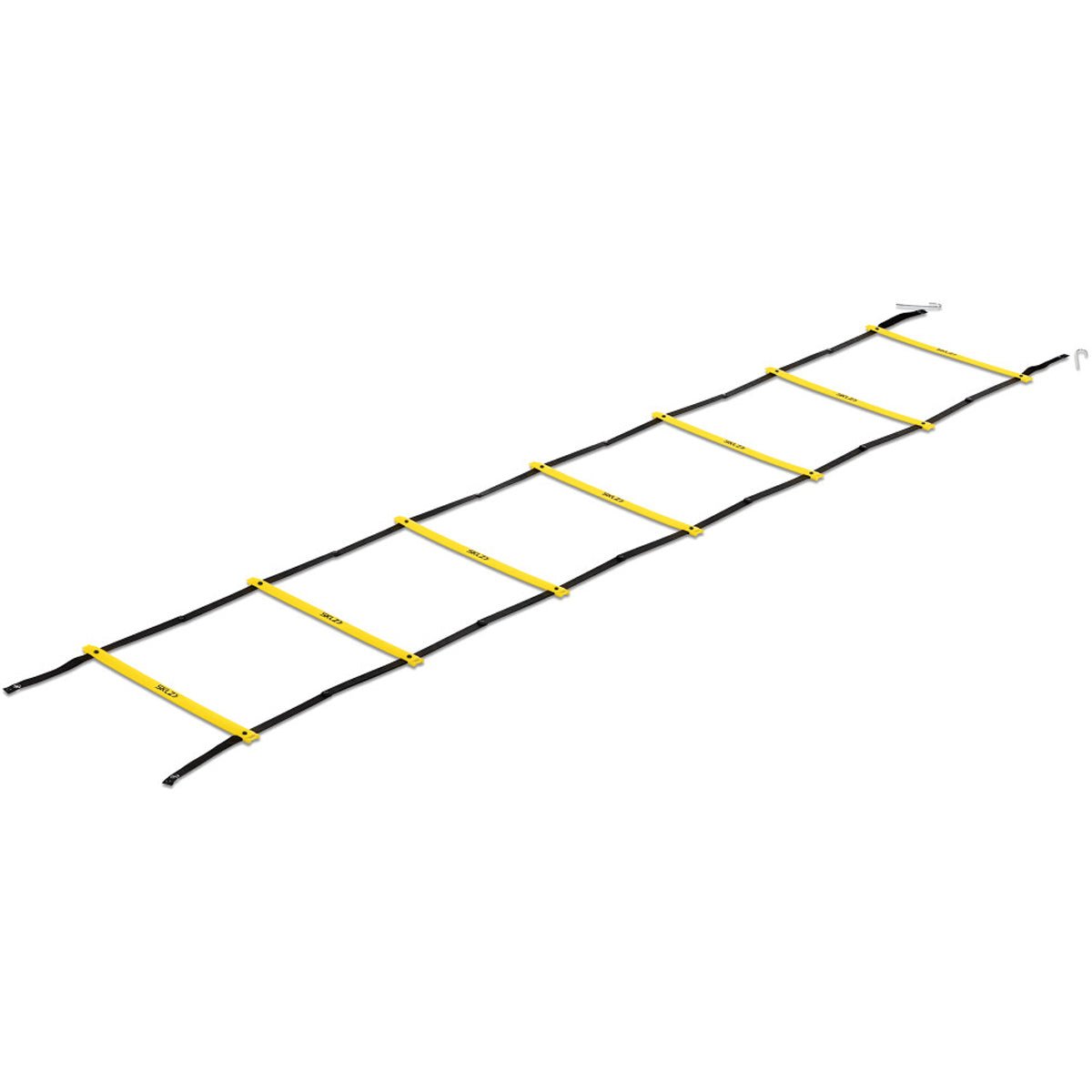 Yellow and black agility quick ladder pro on a white background