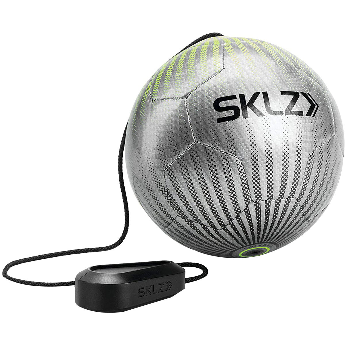 Soccer star kick touch trainer ball with a black handle and SKLZ branding on a white background