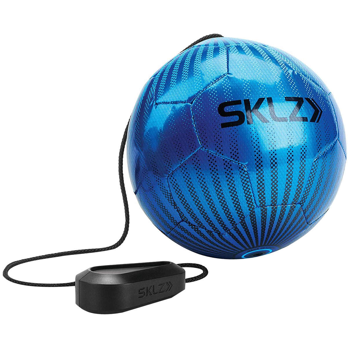 Blue training soccer star kick touch trainer with a black handle and 'SKLZ' branding on a white background