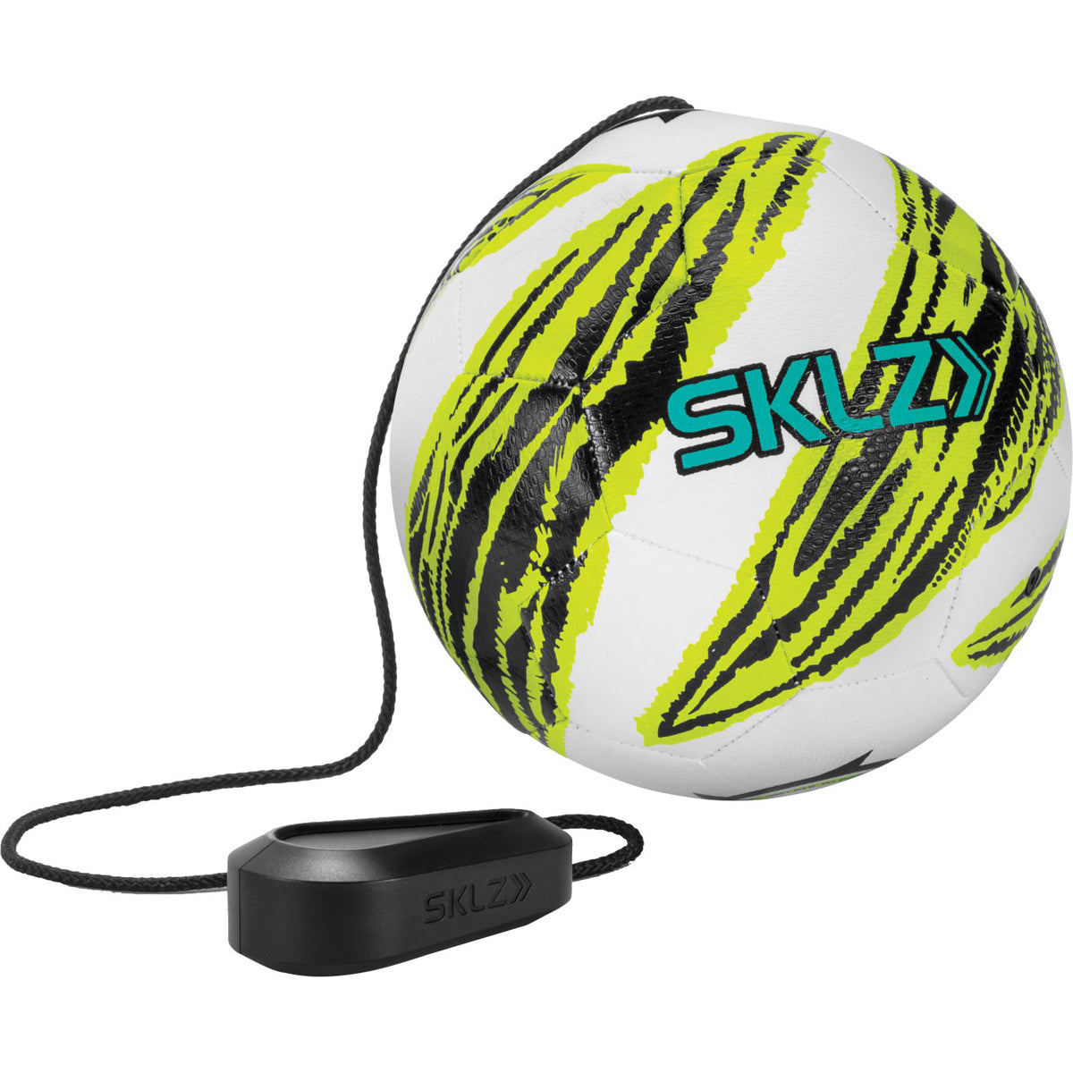 Soccer star kick touch trainer ball with a black handle and 'SKLZ' branding on a white background