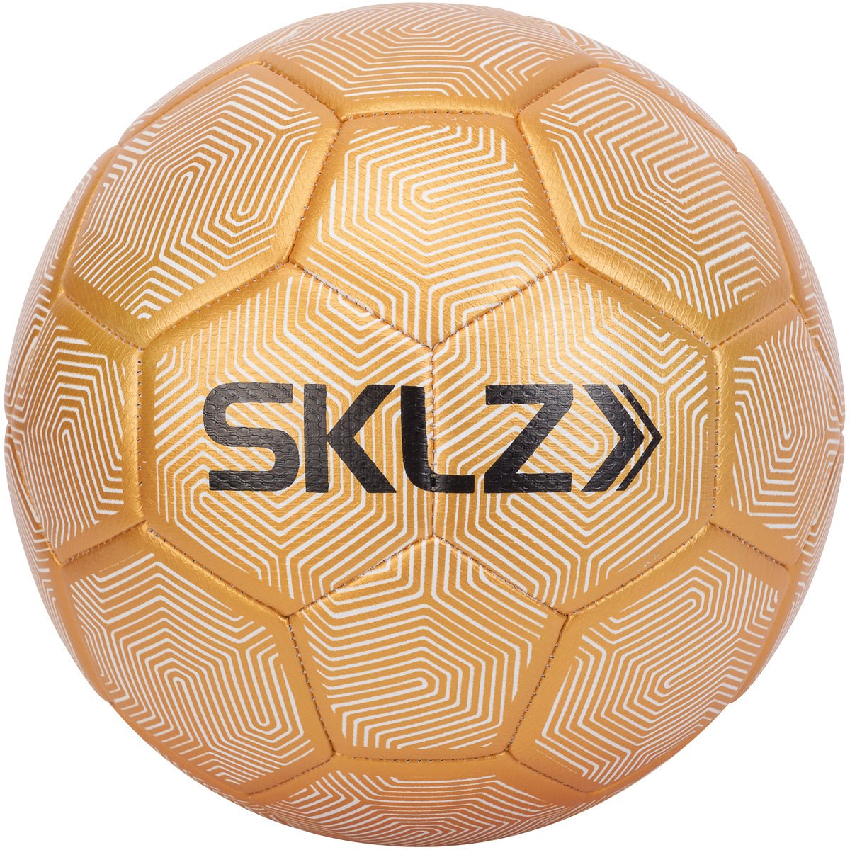 Gold weighted soccer ball with 'SKLZ' branding on a white background