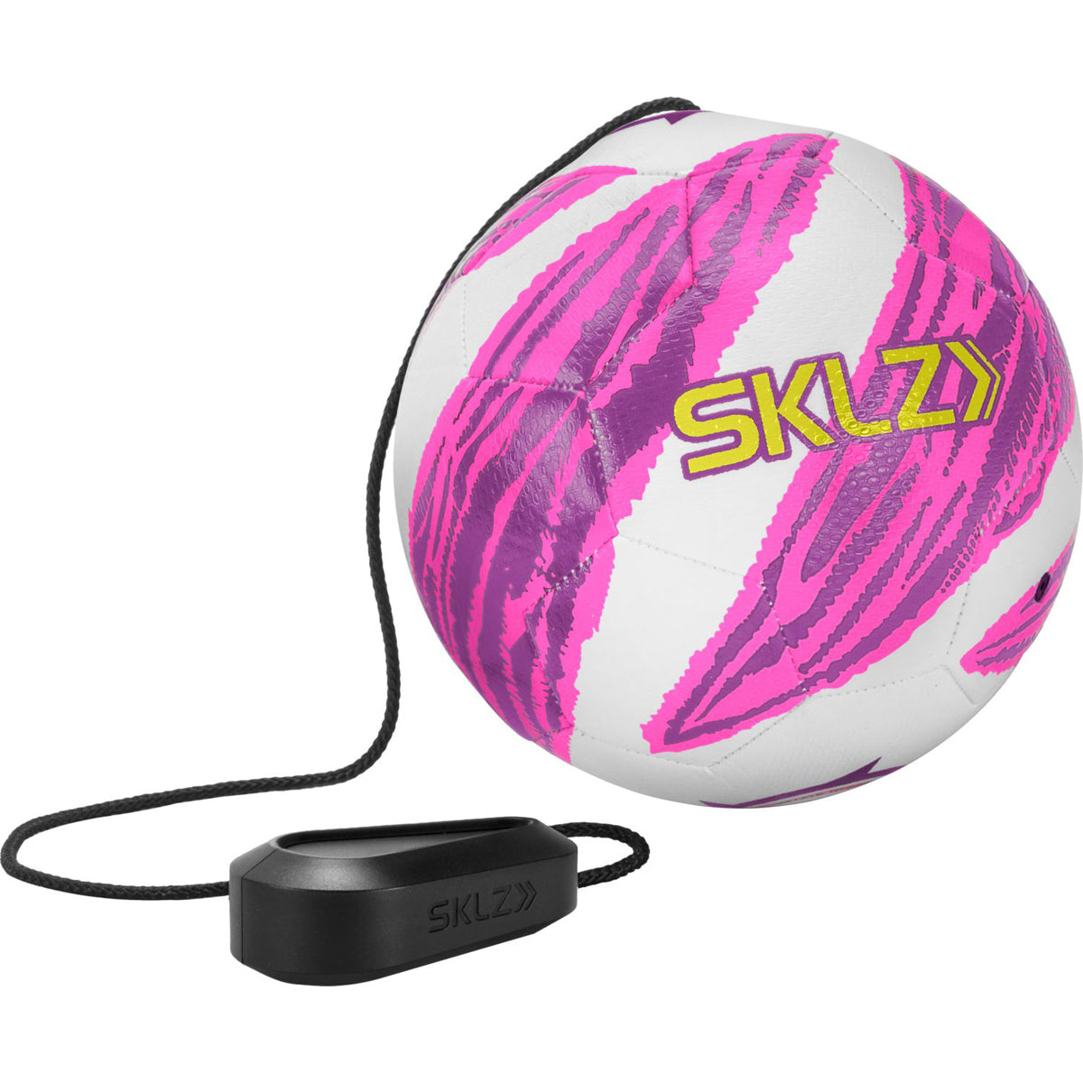 Pink and white sports soccer star kick touch trainer ball with black handle and SKLZ logo on a white background