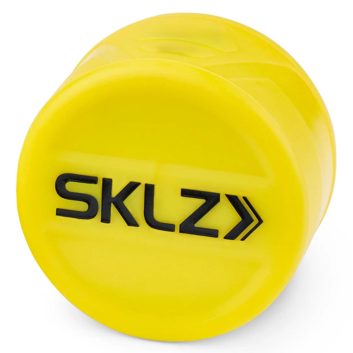 Yellow training aid with 'SKLZ' branding weighted swing knob on a white background