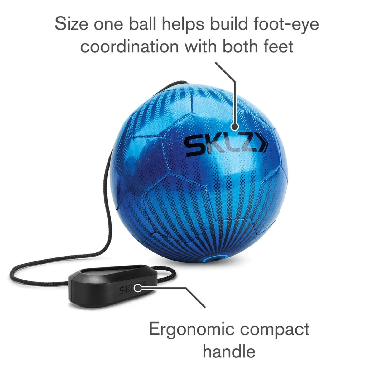 Blue training soccer star kick touch trainer ball with handle and SKLZ branding on a white background