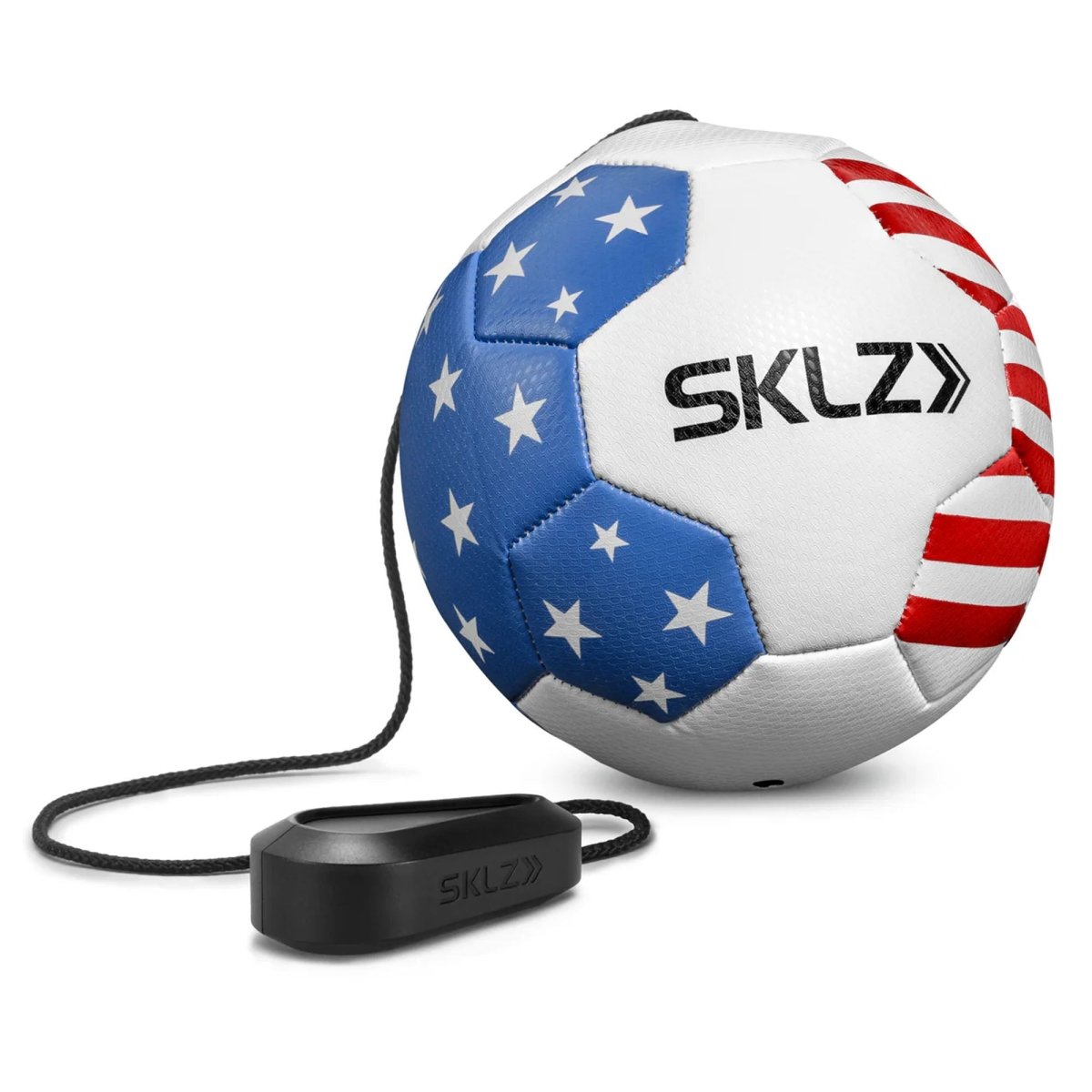 Soccer star kick touch trainer ball with American flag pattern and SKLZ branding on a white background