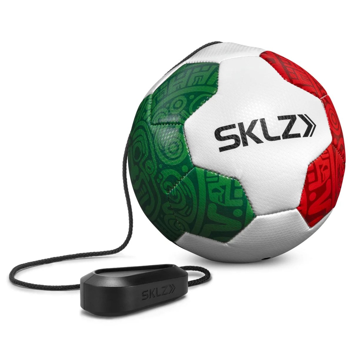 Soccer star kick touch trainer ball with SKLZ branding and a black device attached on a white background