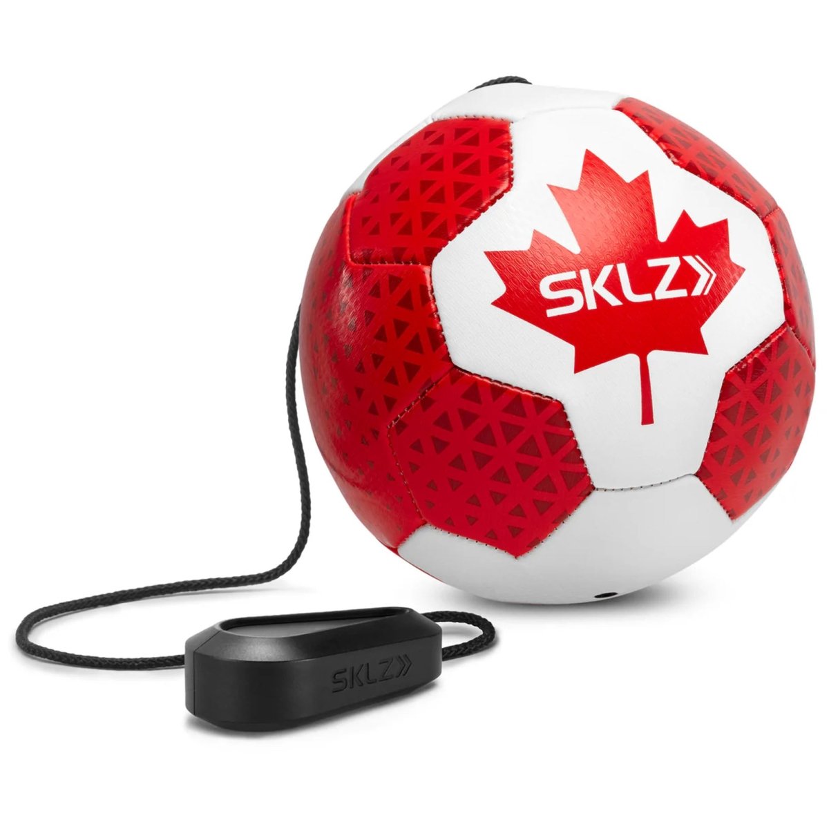 Red and white soccer star kick touch trainer ball with SKLZ logo and a black training device on a white background