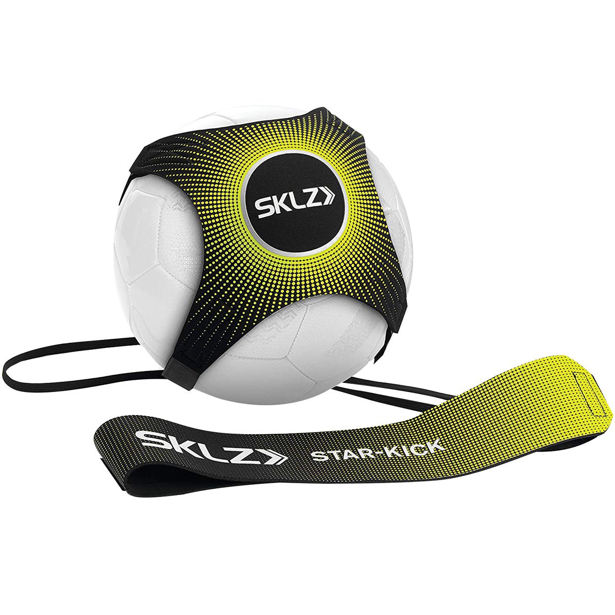 Solo soccer trainer ball with SKLZ branding and a black and yellow strap on a white background