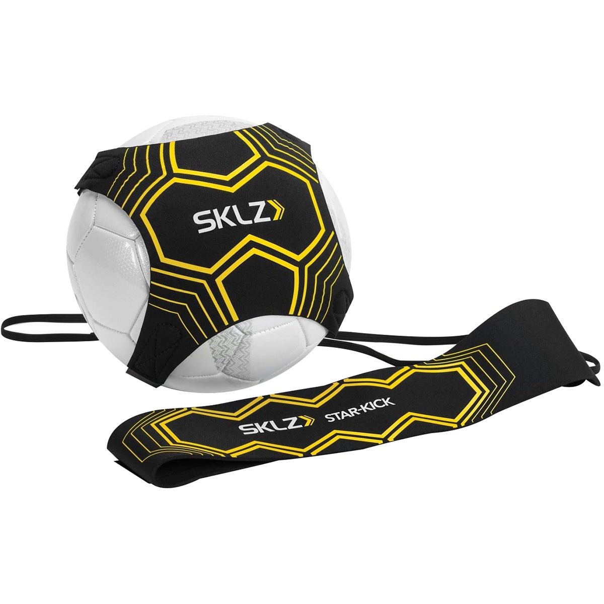Solo soccer trainer ball with SKLZ branding and a black strap on a white background
