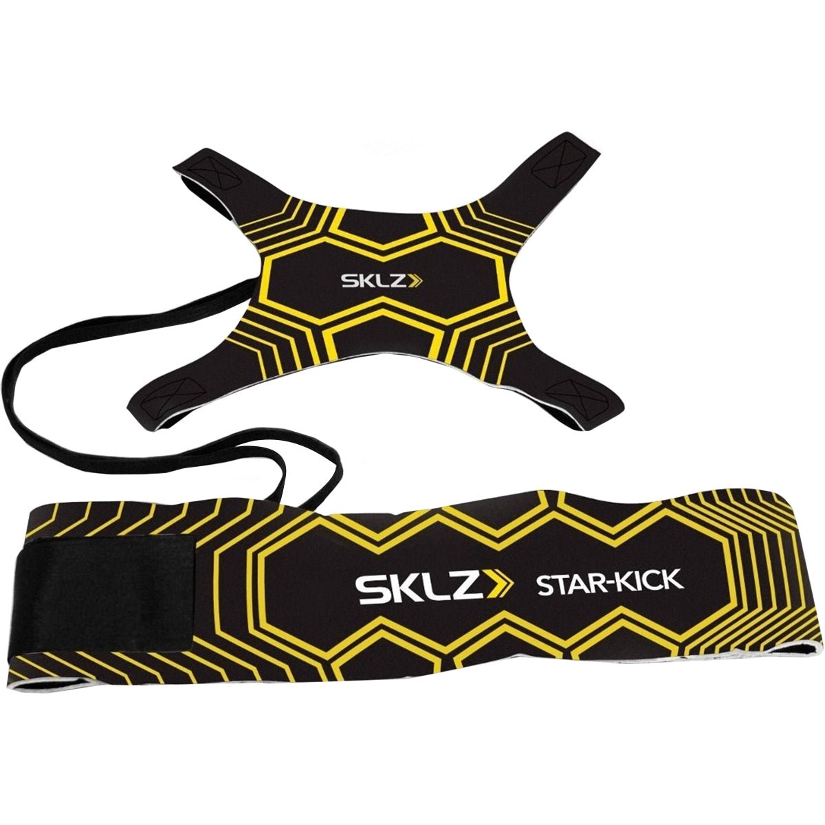 Black and yellow SKLZ Star-Kick solo soccer trainer product on a white background