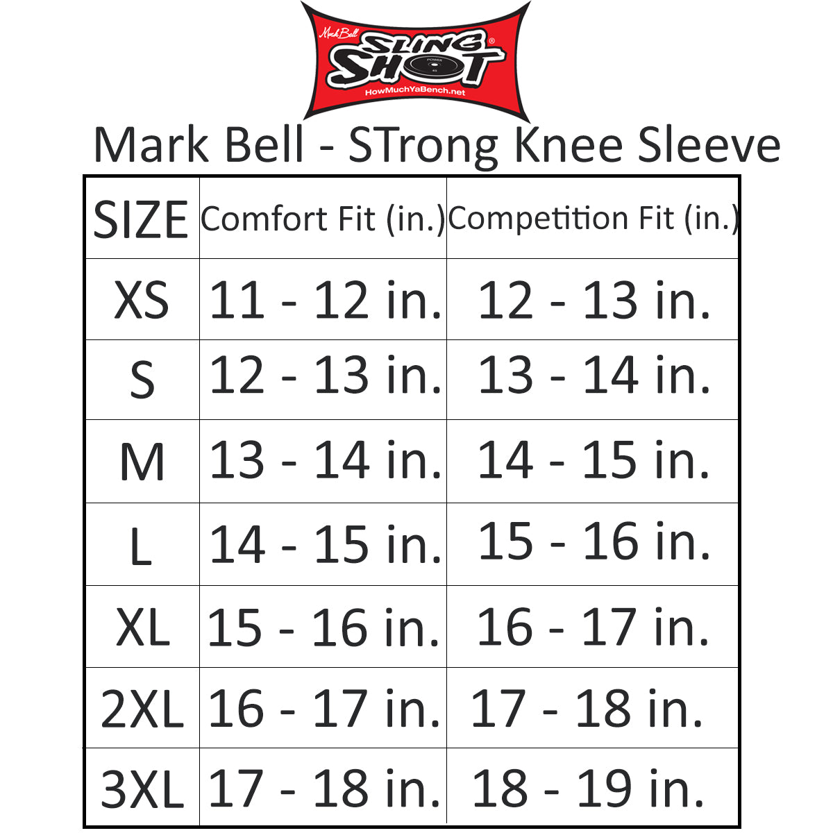 Sling Shot STrong Knee Sleeves by Mark Bell - Black - Size chart