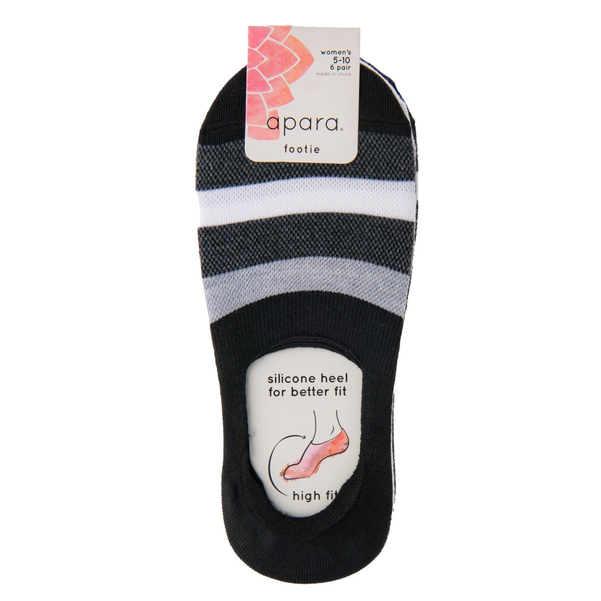 Sof Sole Apara Women's High Fit Footie, Shoe Size 5 - 10, Black/White/Gray, 6 Pair - Forza Sports