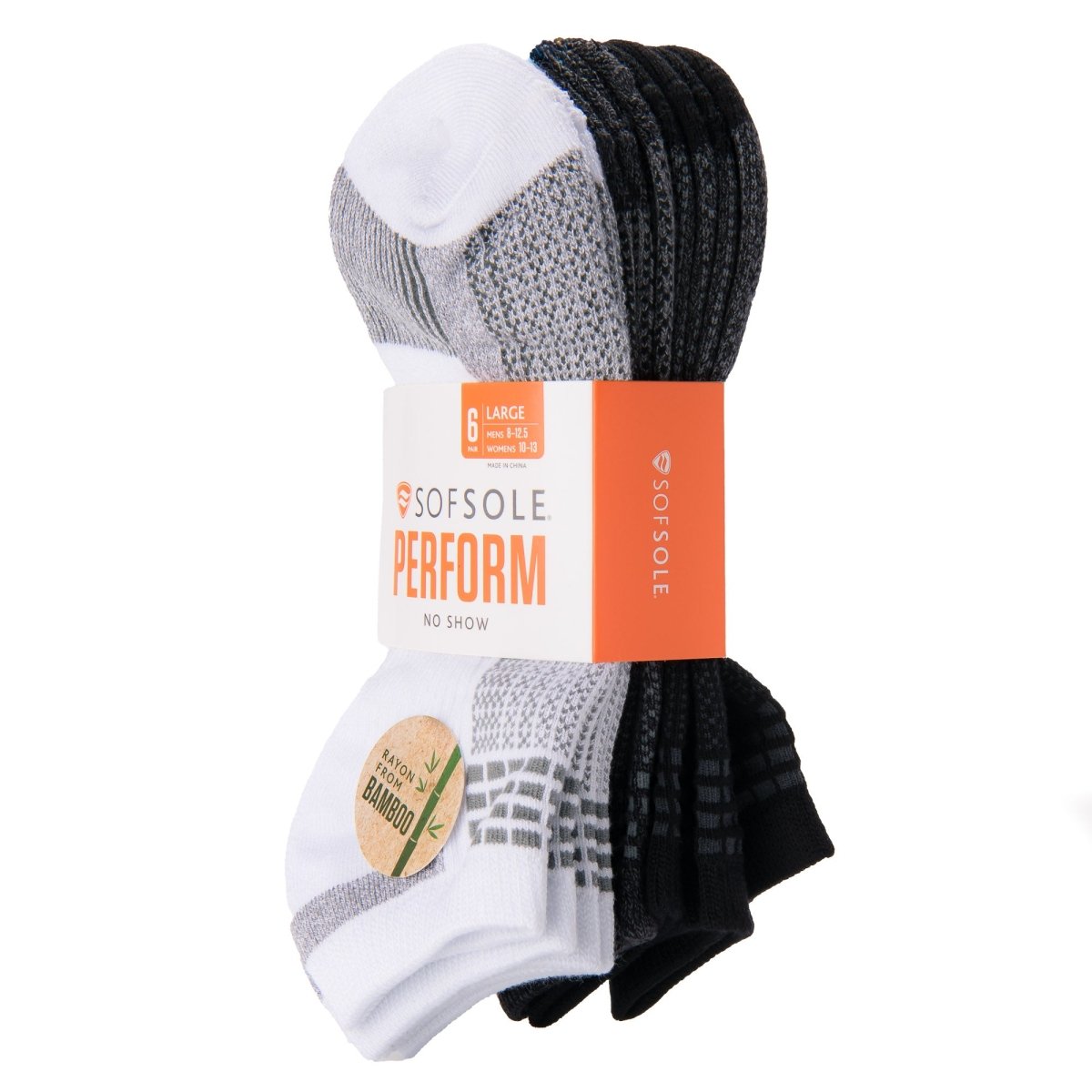Sof Sole Performance No Show Bamboo Socks, Black/White/Gray, Large, 6 Pair - Forza Sports