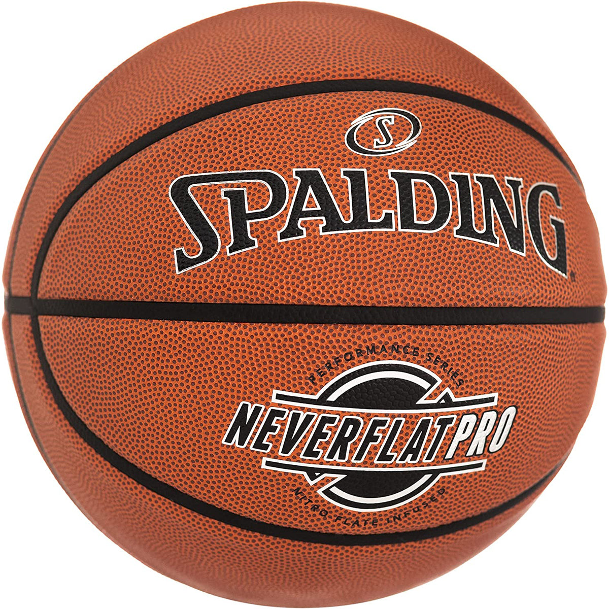Spalding basketball with 'Neverflat Pro' on a white background