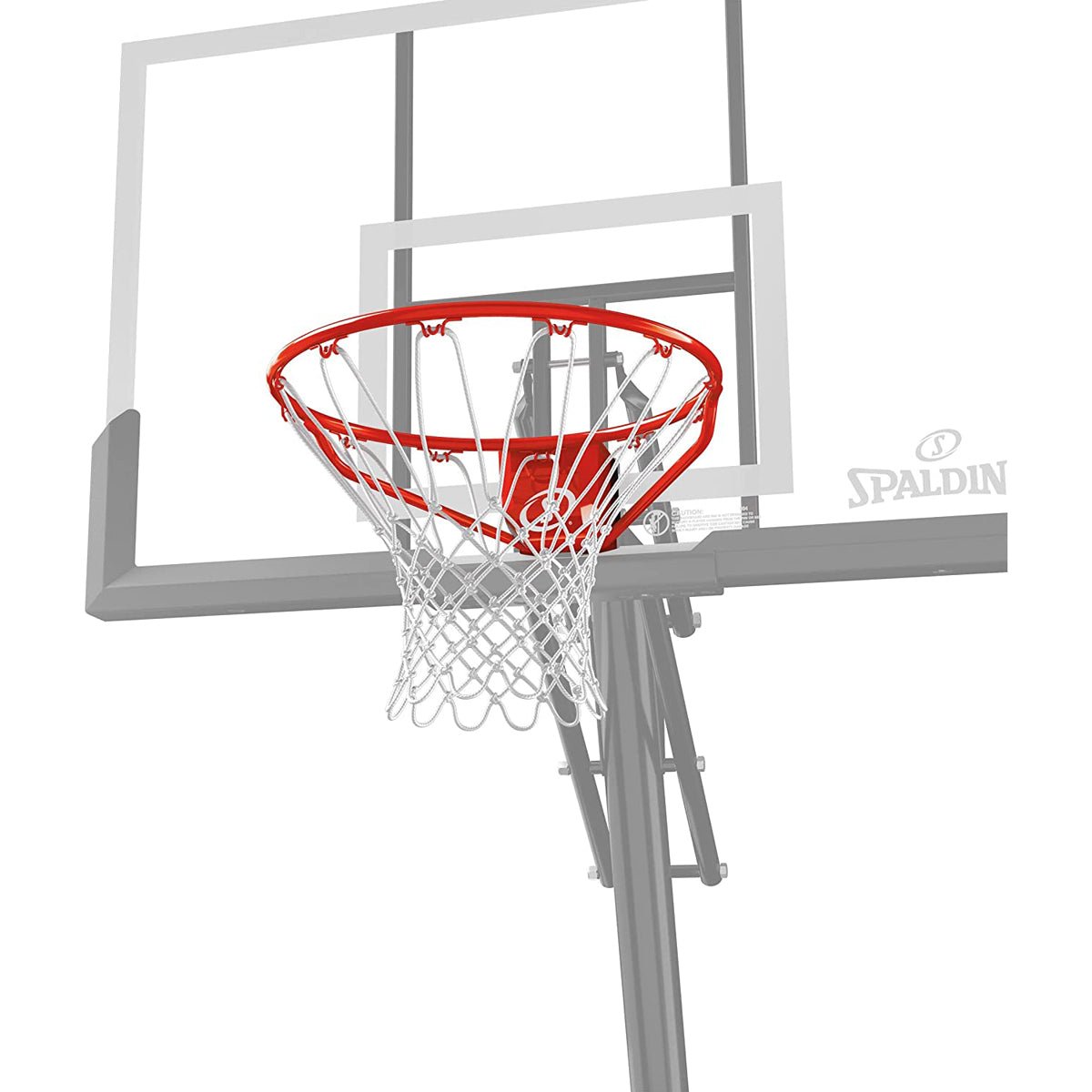 Outdoor basketball rim and clear backboard on a white background, featuring Spalding logo.