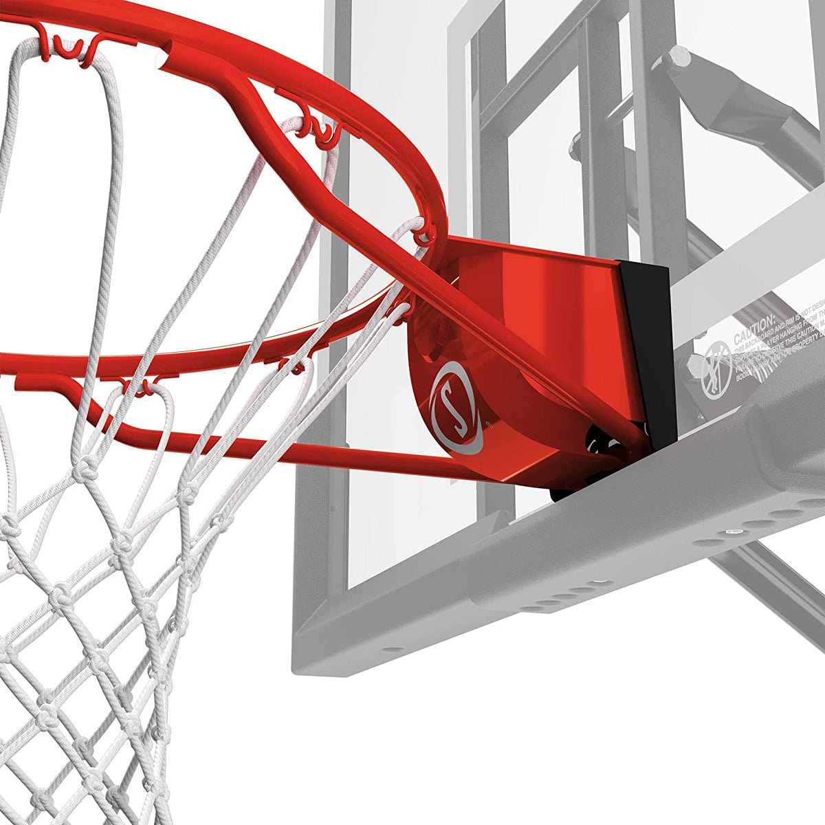Red outdoor basketball rim backboard hoop with a white net on a gray background