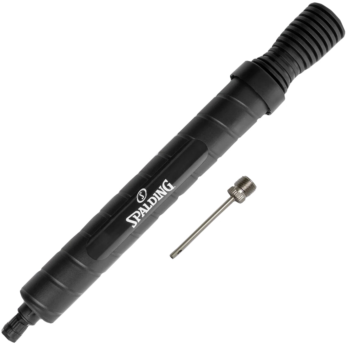 A black Spalding 12 inch Dual Action Air Ball Pump with a long barrel and a built-in metal needle.