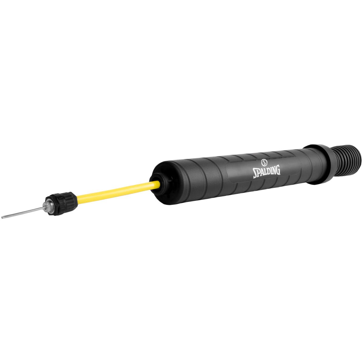 Black Spalding air ball pump with yellow valve on a white background