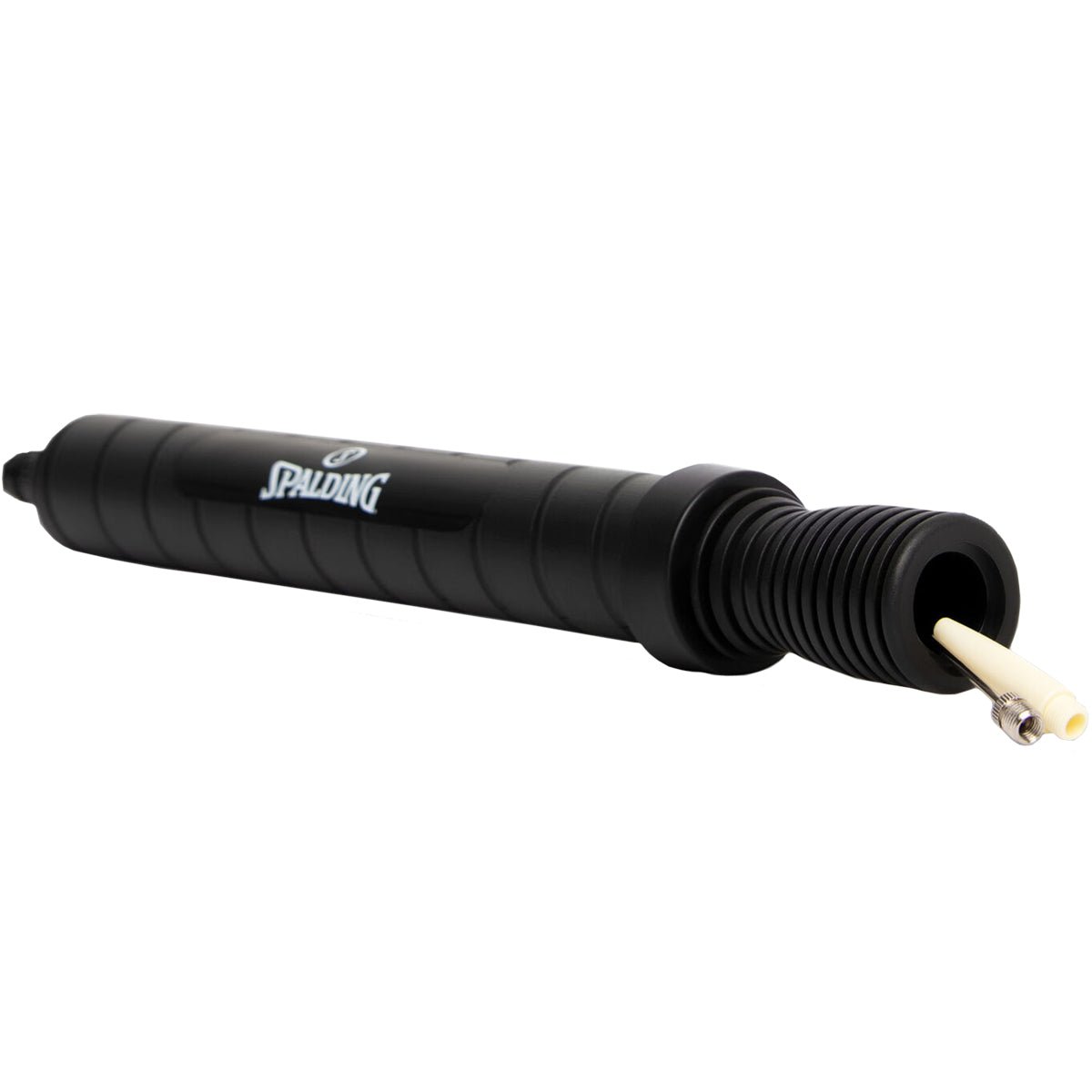 Black dual action air ball pump with Spalding logo on a white background