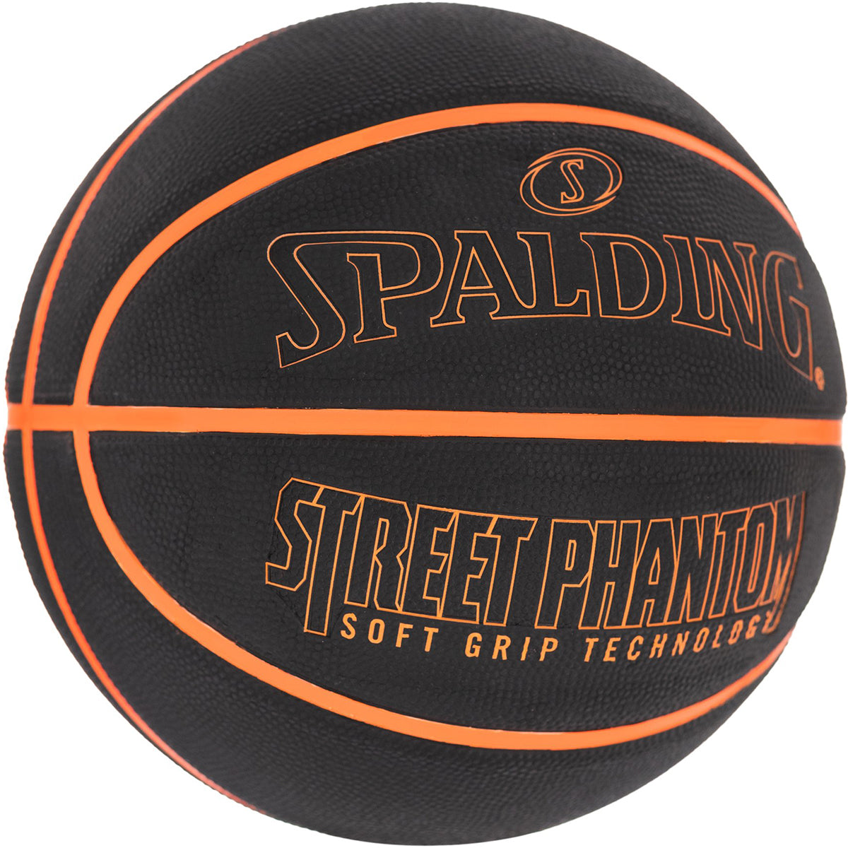 Black basketball with orange stitching and 'Spalding' branding on a white background