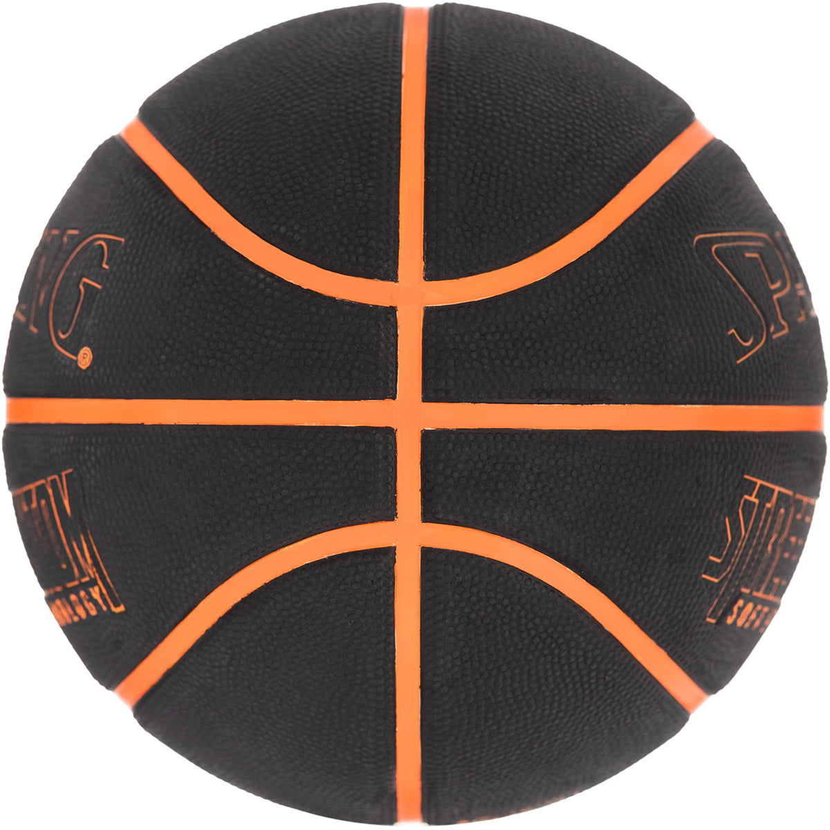 Black basketball with orange stitching on a white background