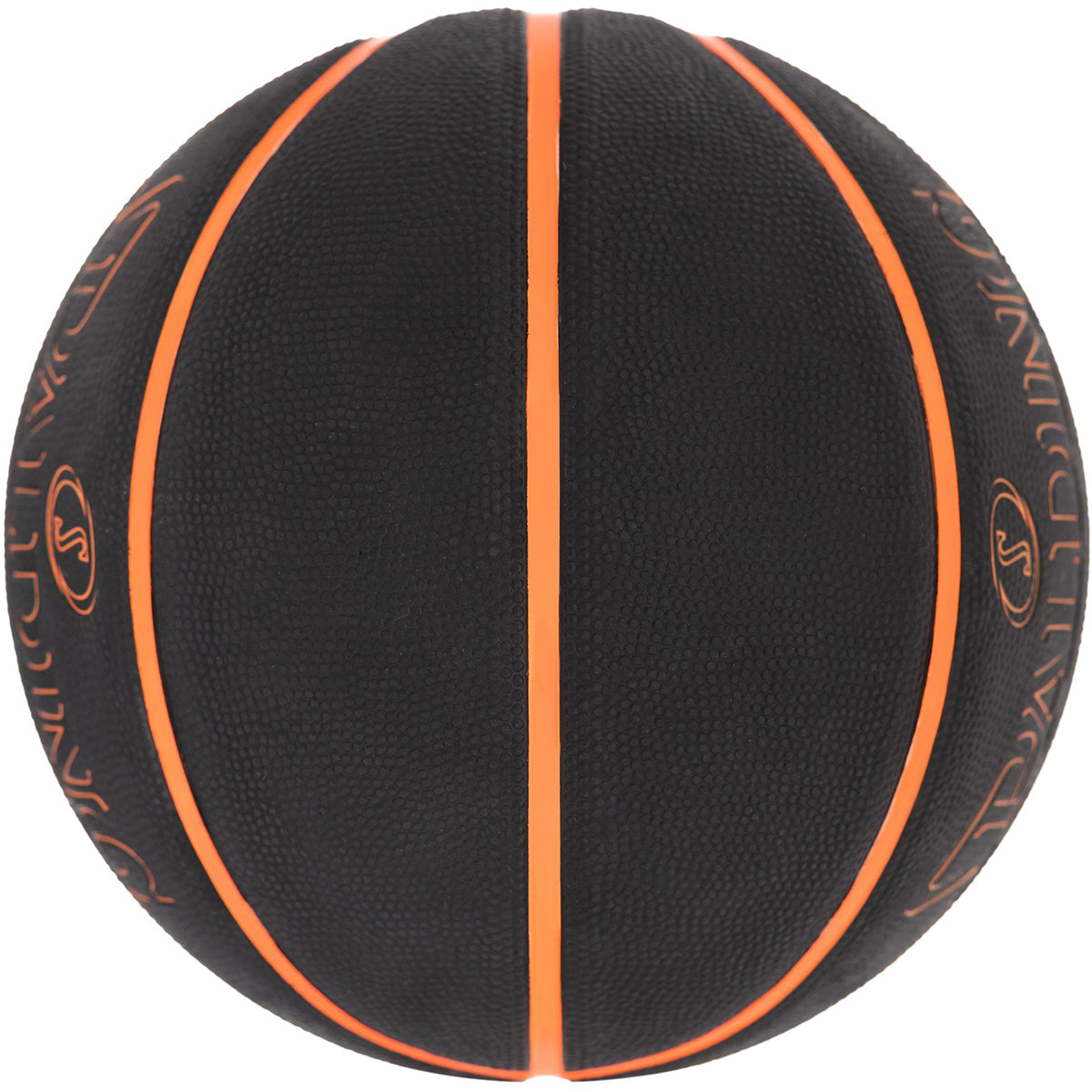 Black basketball with orange stitching on a white background