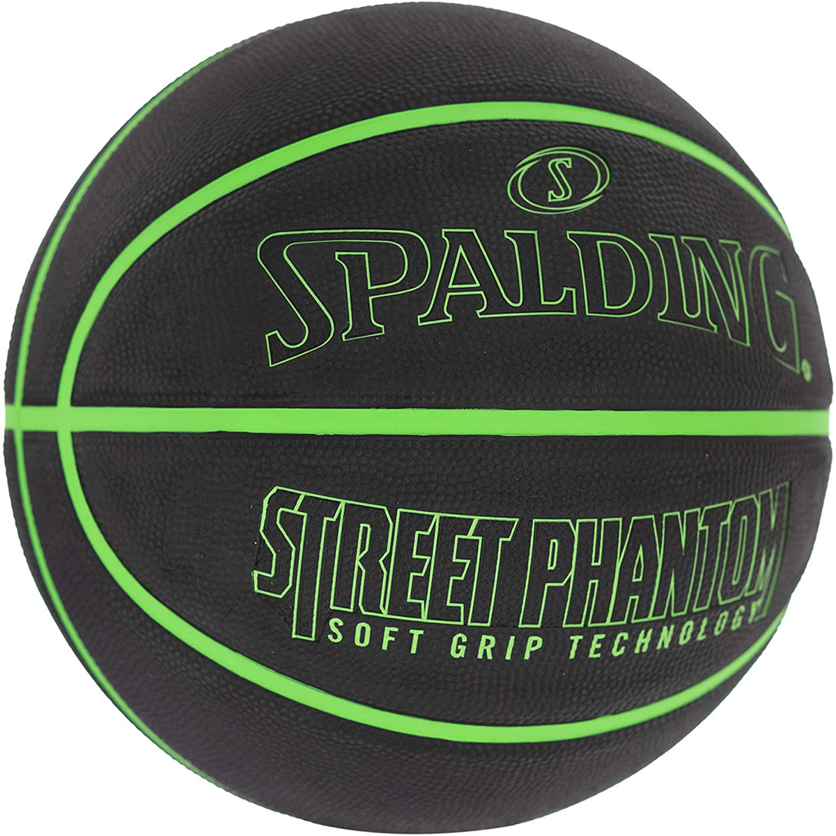 Black basketball with green text and Spalding logo on a white background